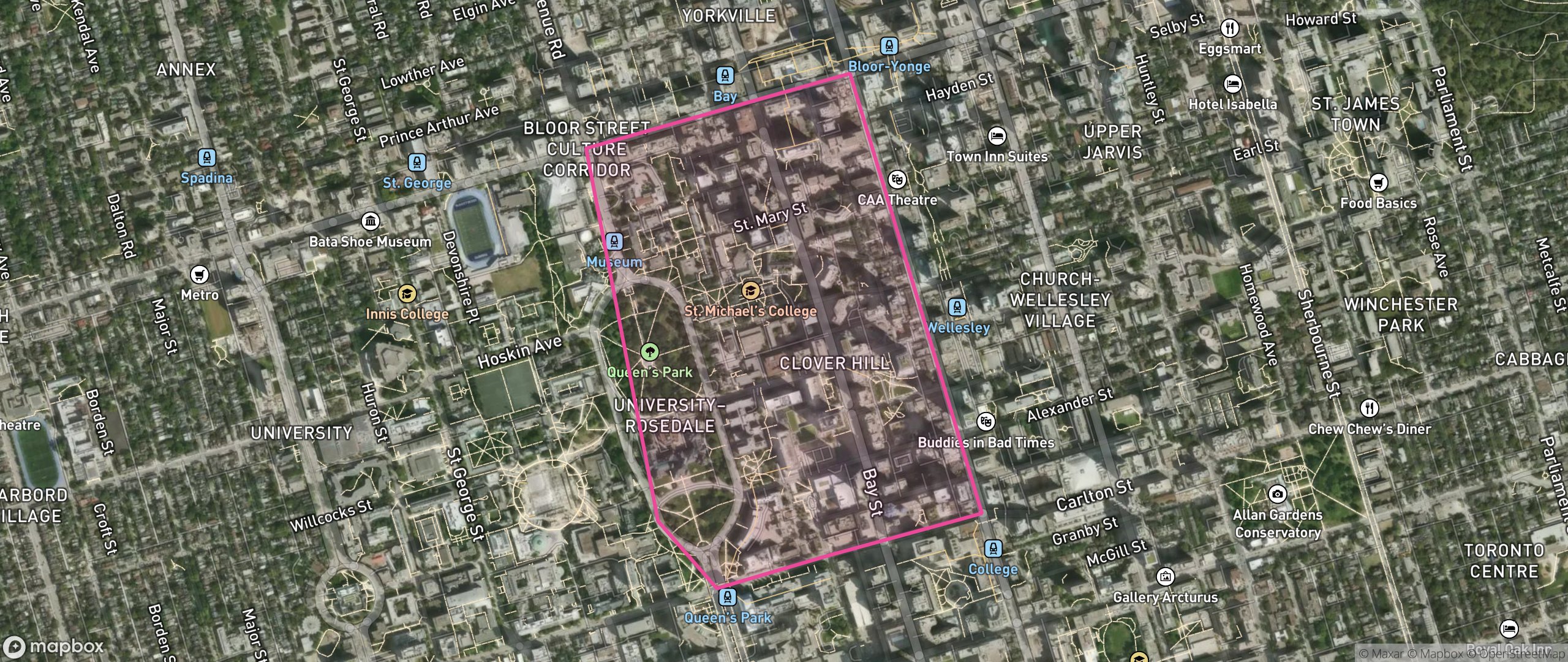 Map of Bay-Cloverhill, Toronto showing the community boundary
