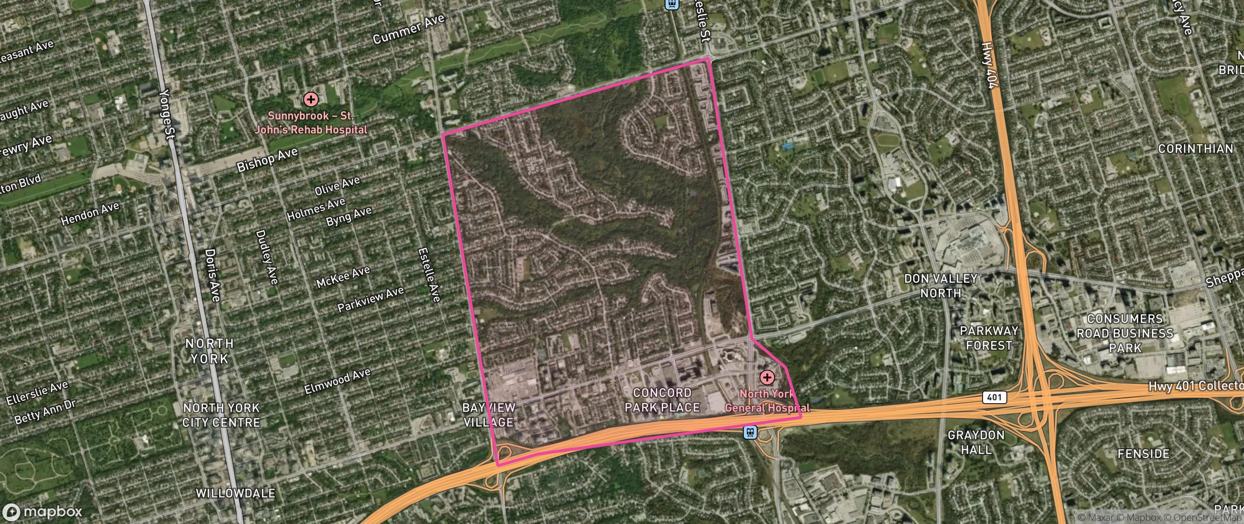 Map of Bayview Village, Toronto showing the community boundary