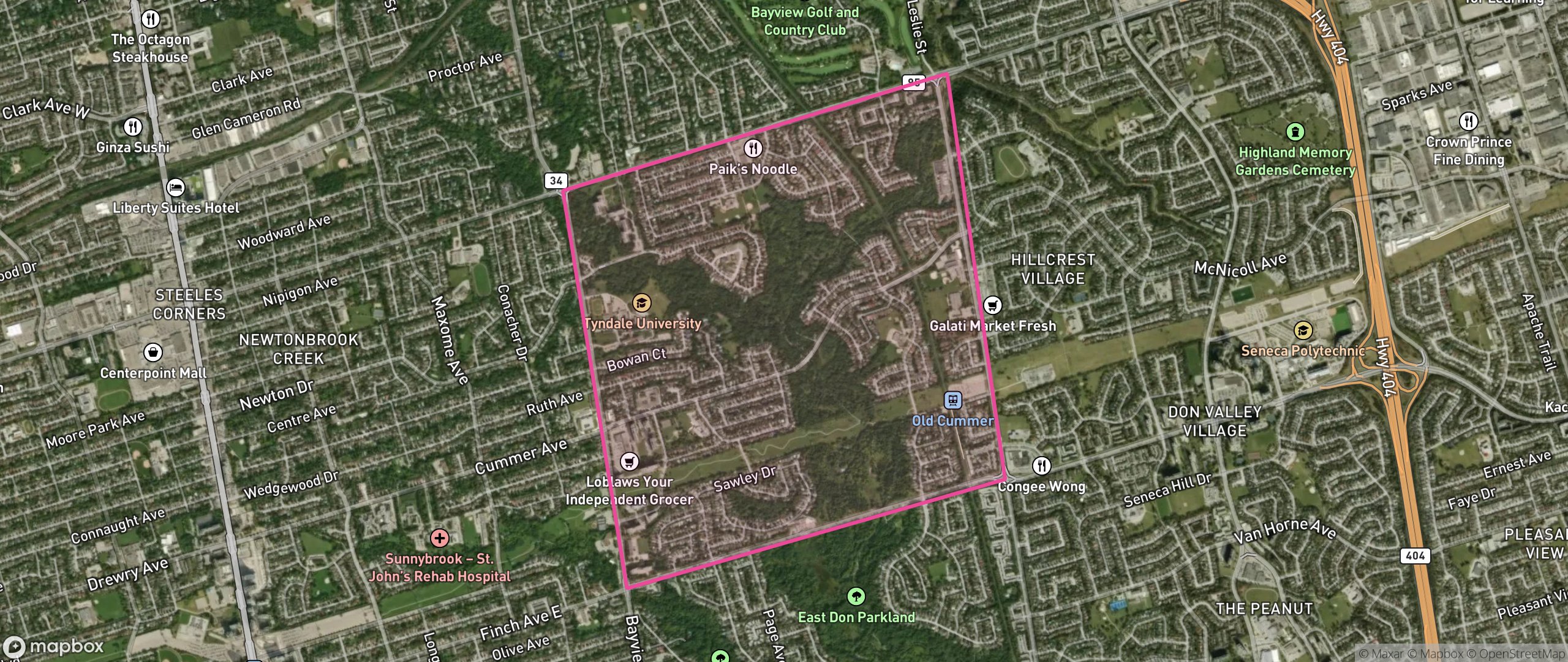 Map of Bayview Woods-Steeles, Toronto showing the community boundary