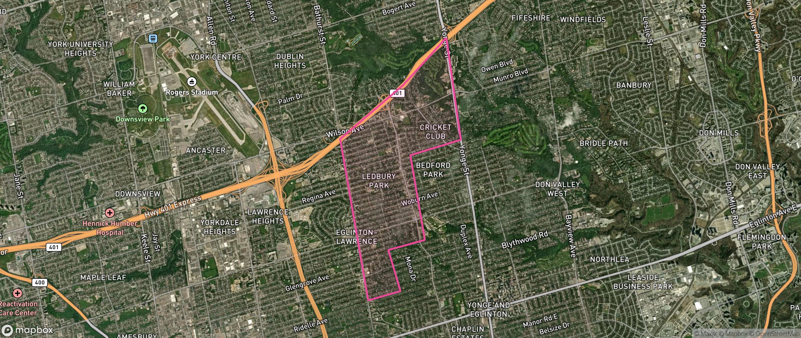 Map of Bedford Park-Nortown, Toronto showing the community boundary