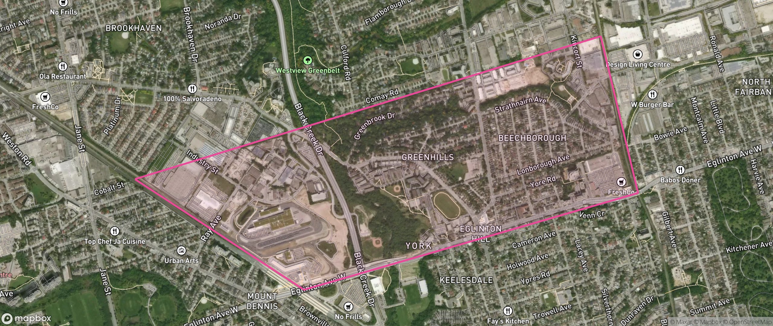 Map of Beechborough-Greenbrook, Toronto showing the community boundary