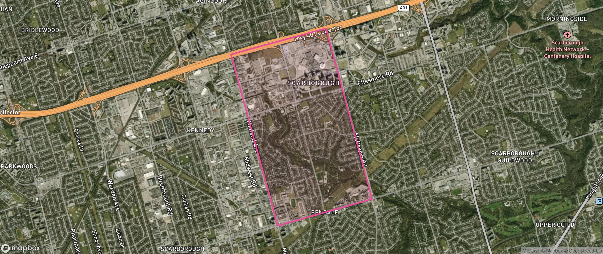 Map of Bendale-Glen Andrew, Toronto showing the community boundary