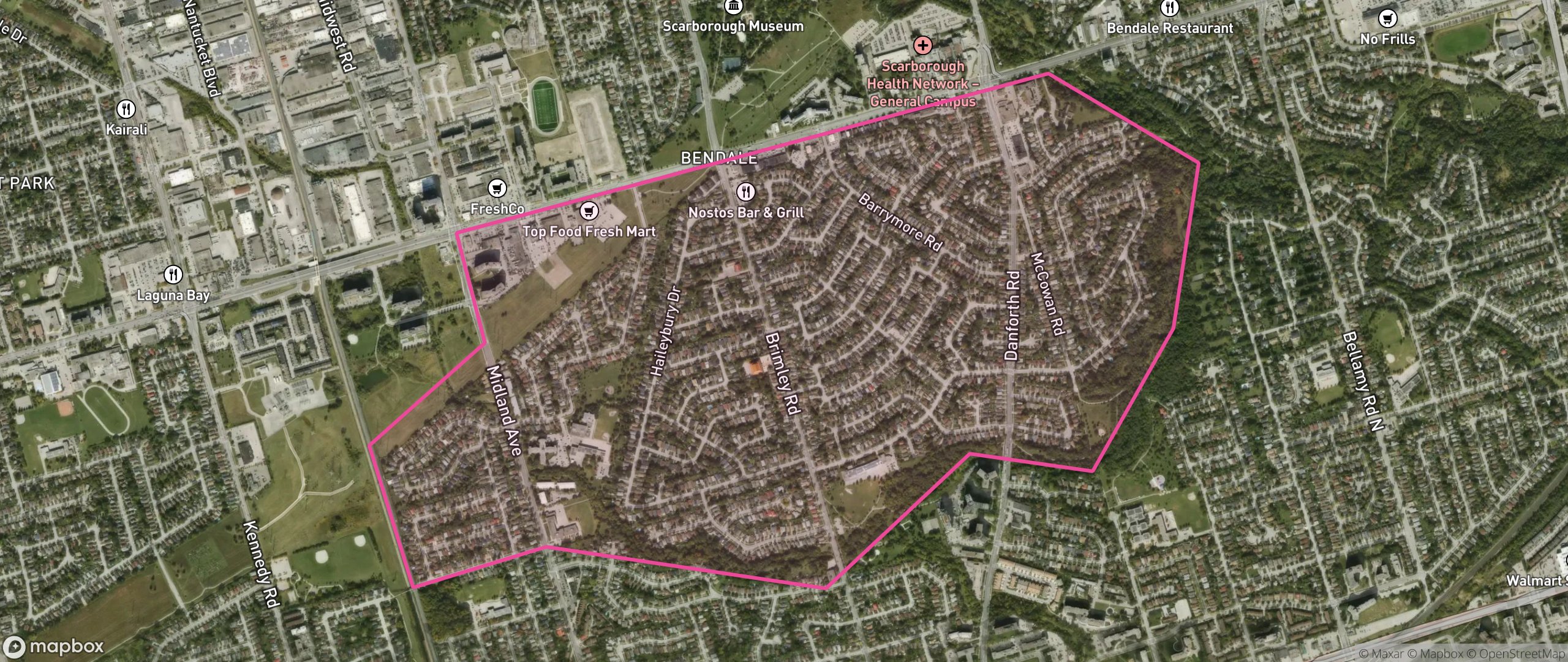 Map of Bendale South, Toronto showing the community boundary