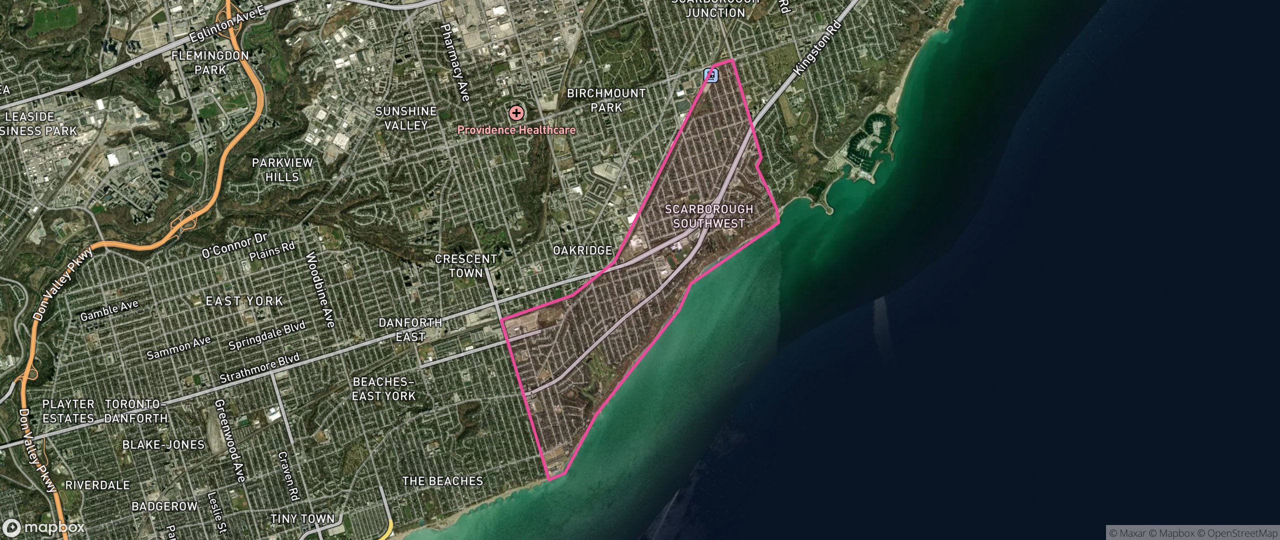 Map of Birchcliffe-Cliffside, Toronto showing the community boundary