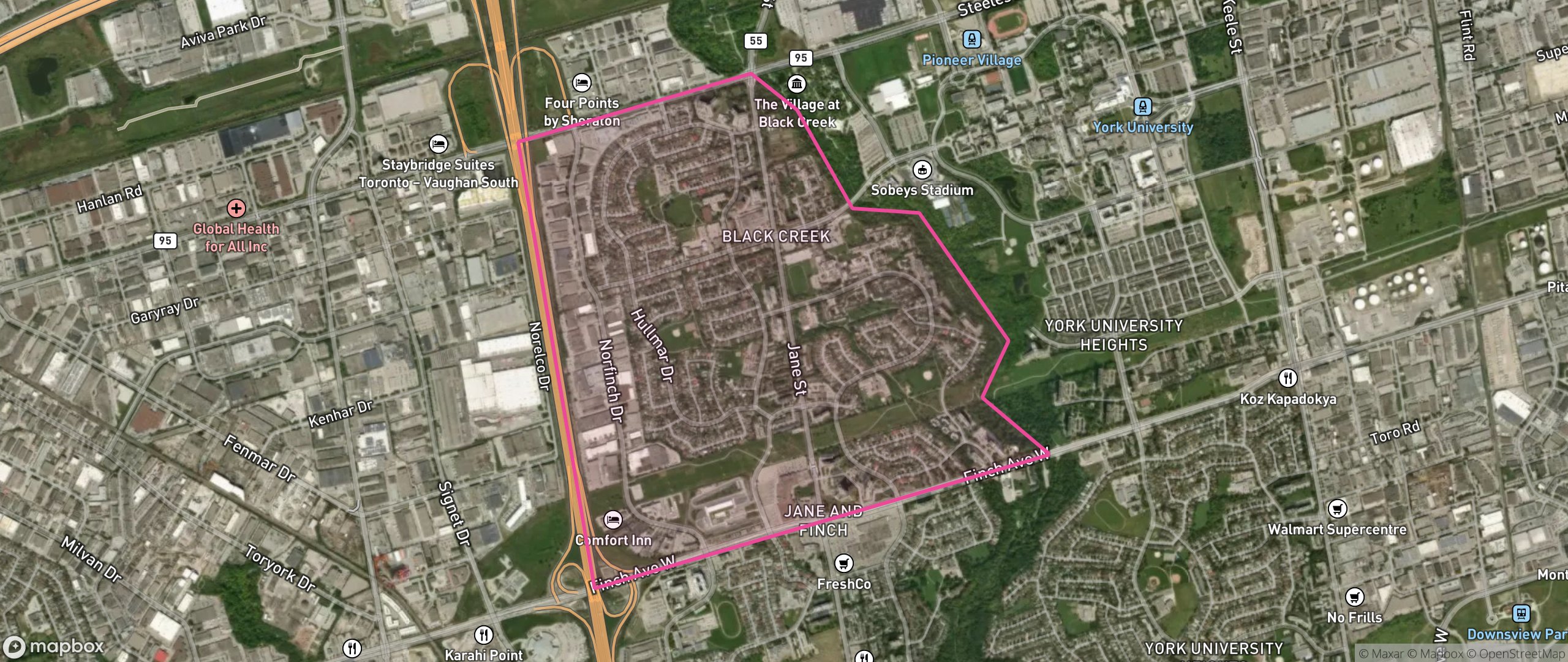 Map of Black Creek, Toronto showing the community boundary