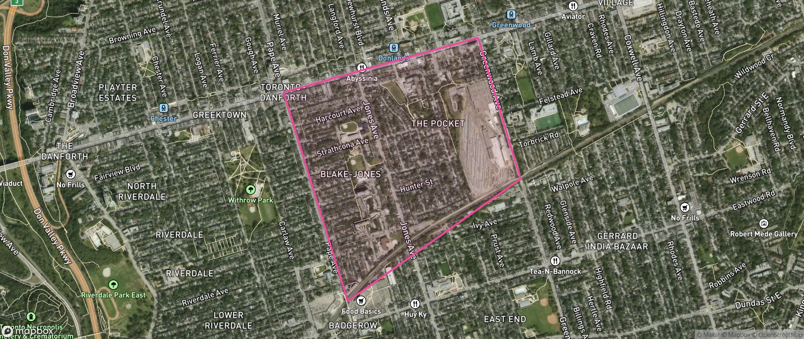 Map of Blake-Jones, Toronto showing the community boundary