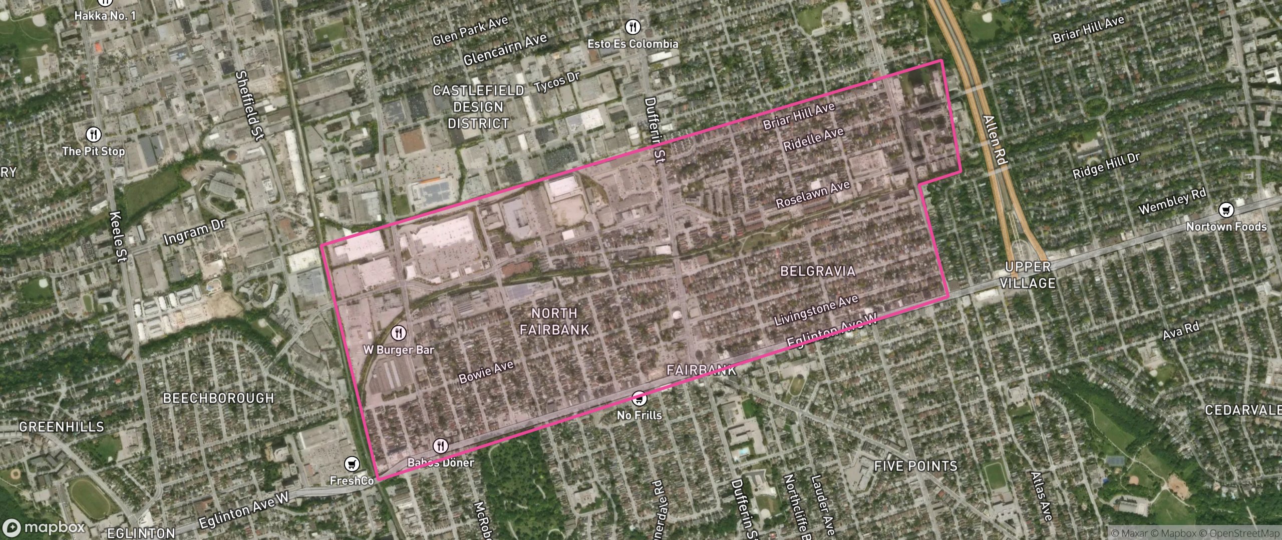 Map of Briar Hill-Belgravia, Toronto showing the community boundary
