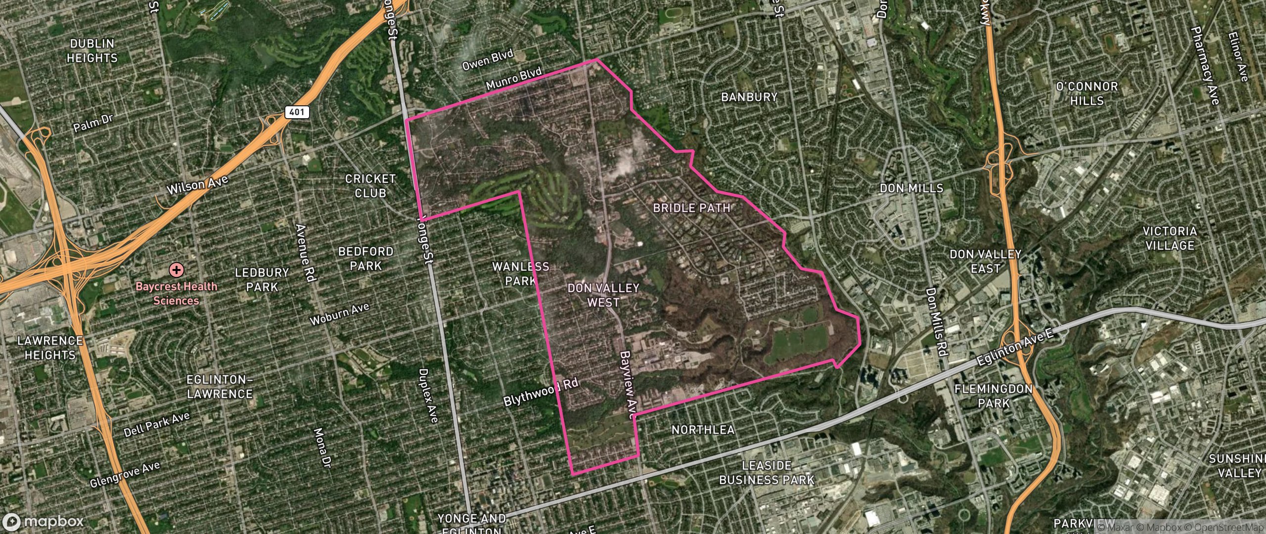Map of Bridle Path-Sunnybrook-York Mills, Toronto showing the community boundary