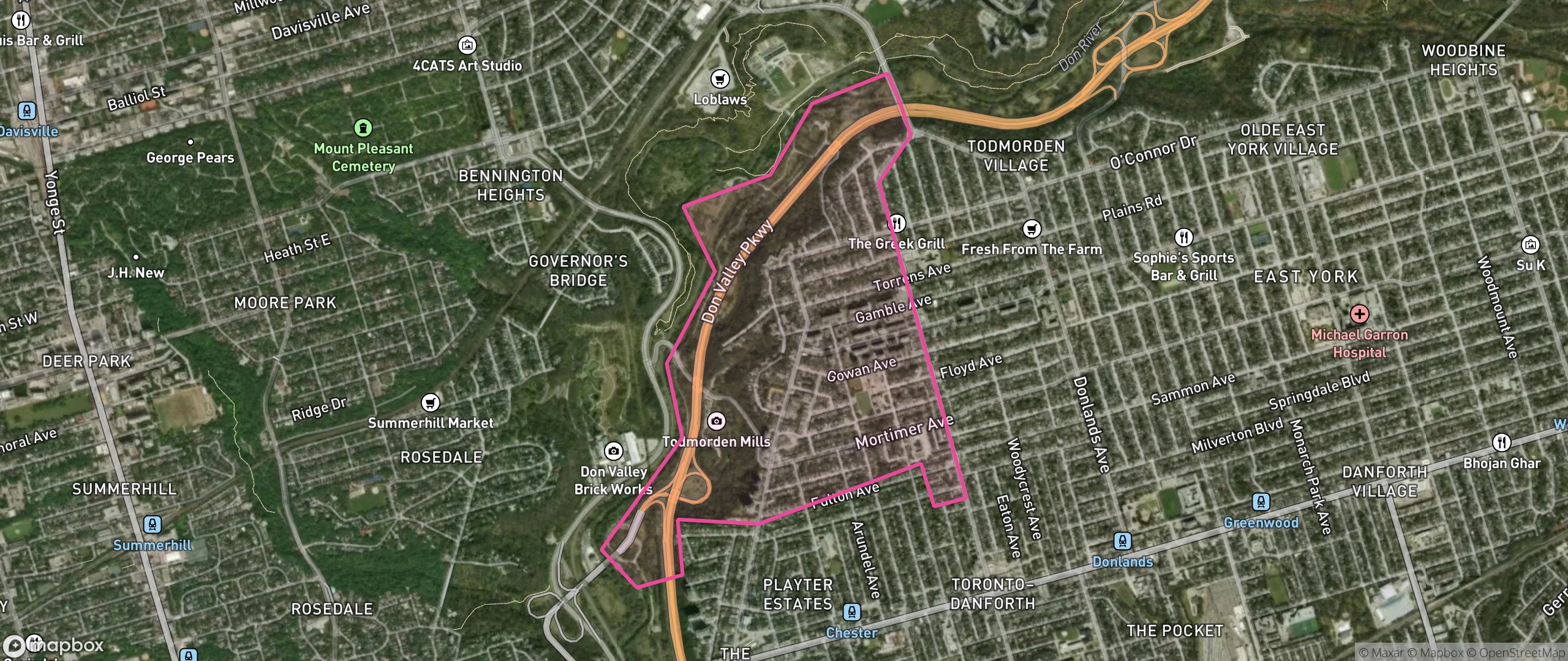 Map of Broadview North, Toronto showing the community boundary