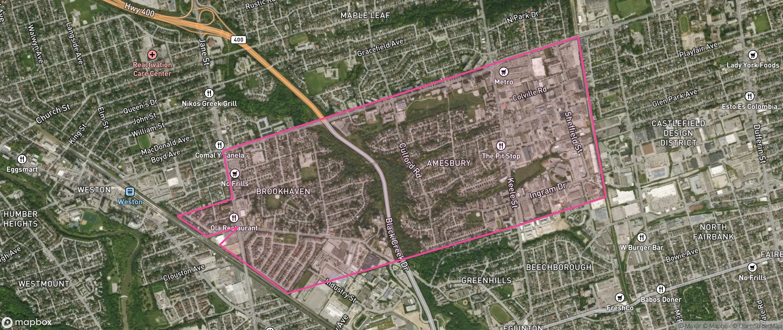 Map of Brookhaven-Amesbury, Toronto showing the community boundary