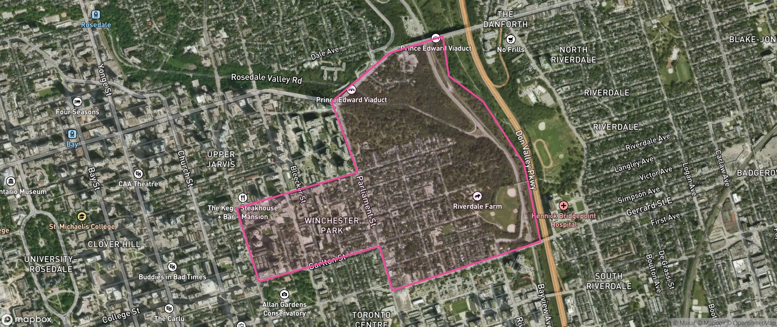 Map of Cabbagetown-South St.James Town, Toronto showing the community boundary