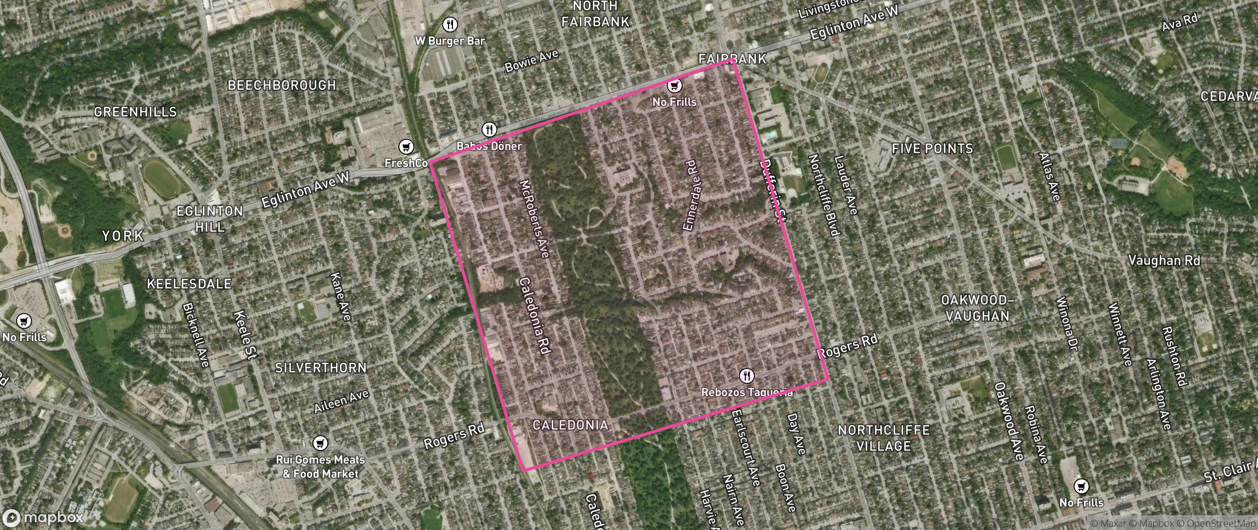 Map of Caledonia-Fairbank, Toronto showing the community boundary