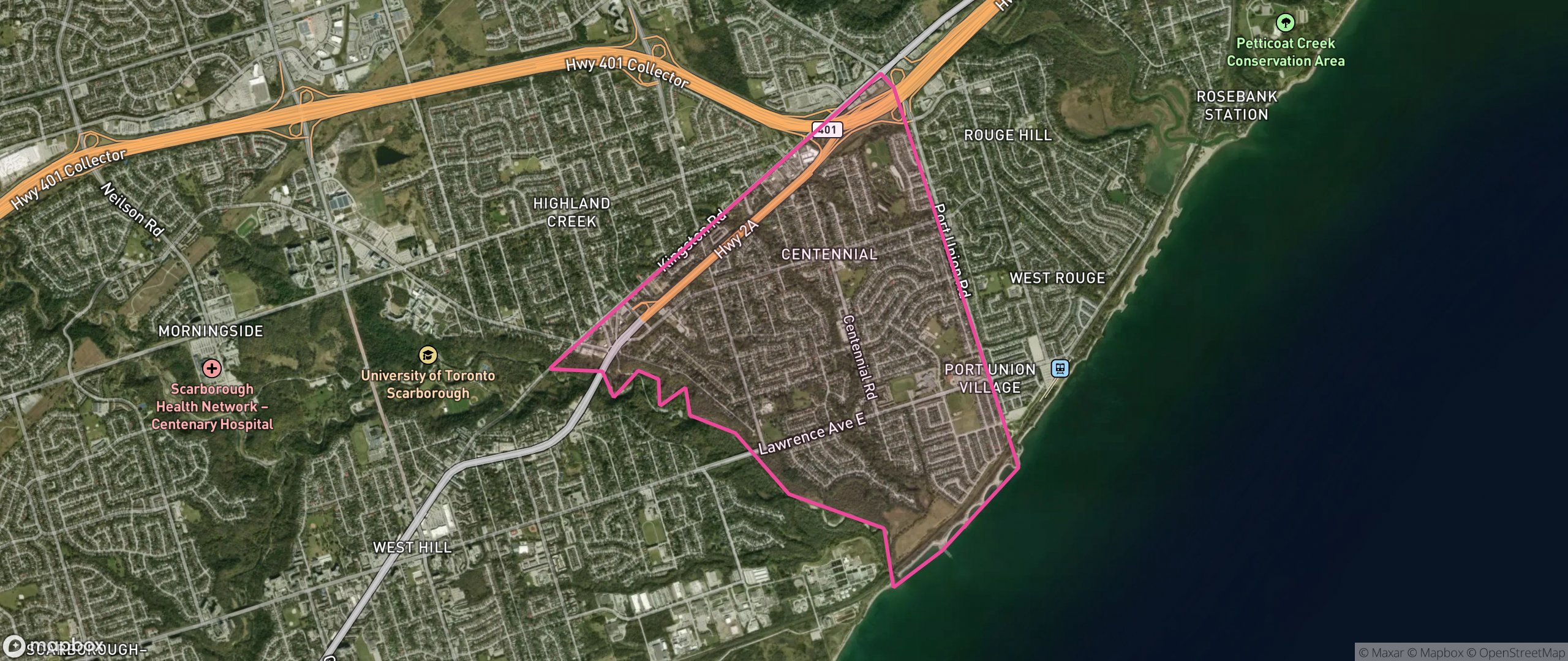 Map of Centennial Scarborough, Toronto showing the community boundary