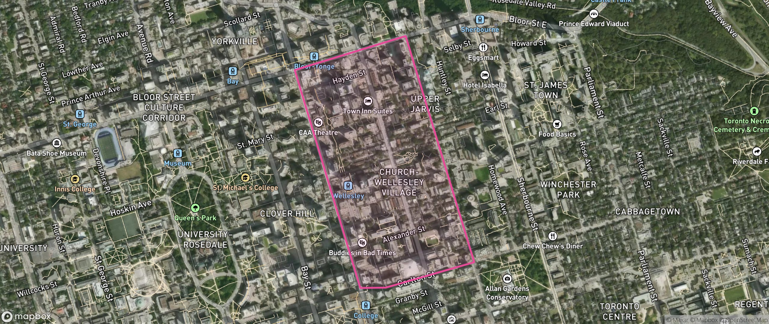 Map of Church-Wellesley, Toronto showing the community boundary