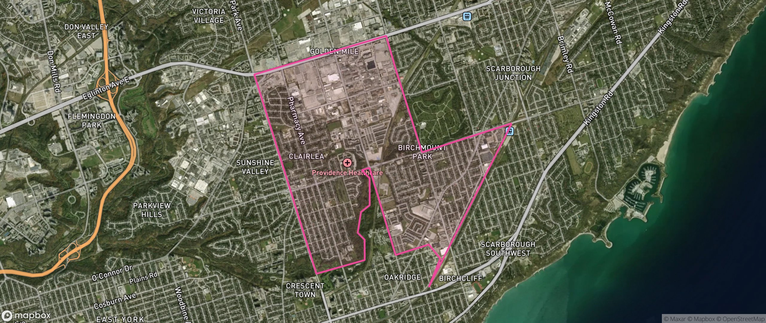Map of Clairlea-Birchmount, Toronto showing the community boundary