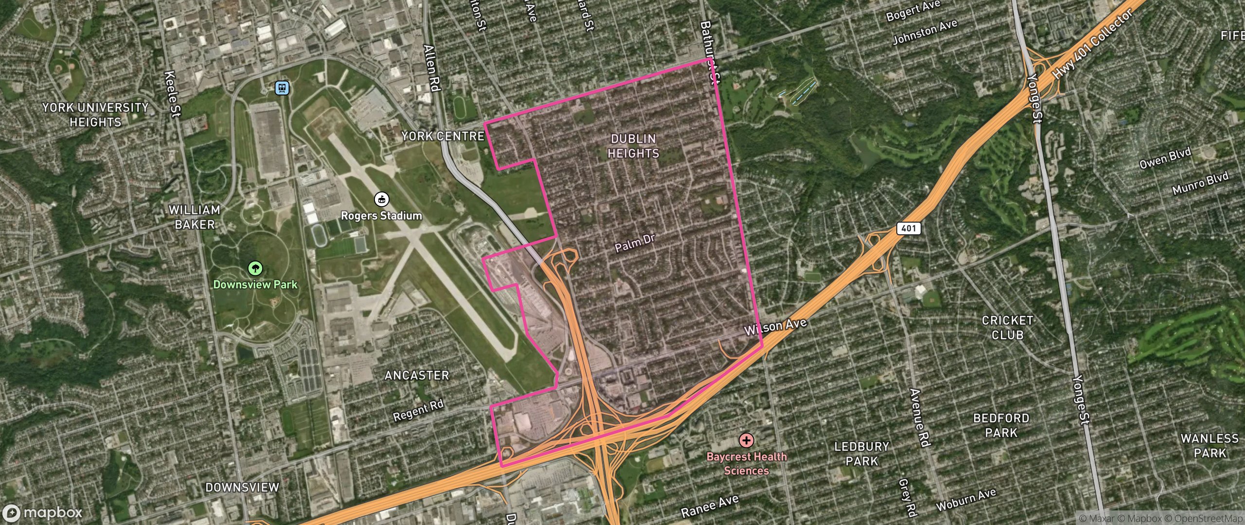 Map of Clanton Park, Toronto showing the community boundary