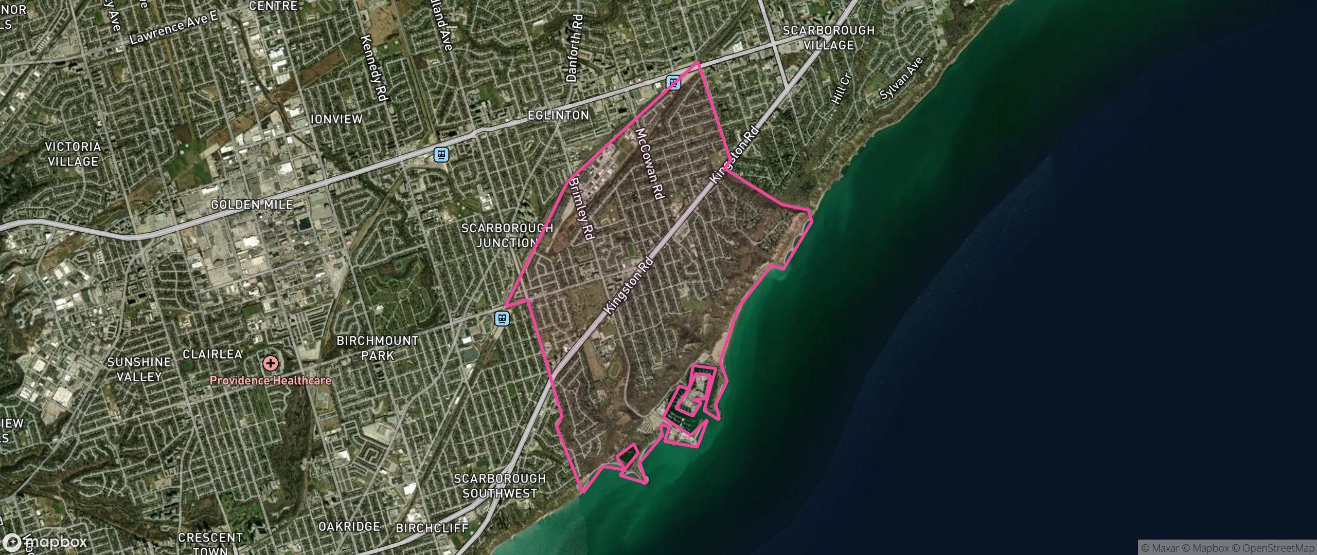 Map of Cliffcrest, Toronto showing the community boundary