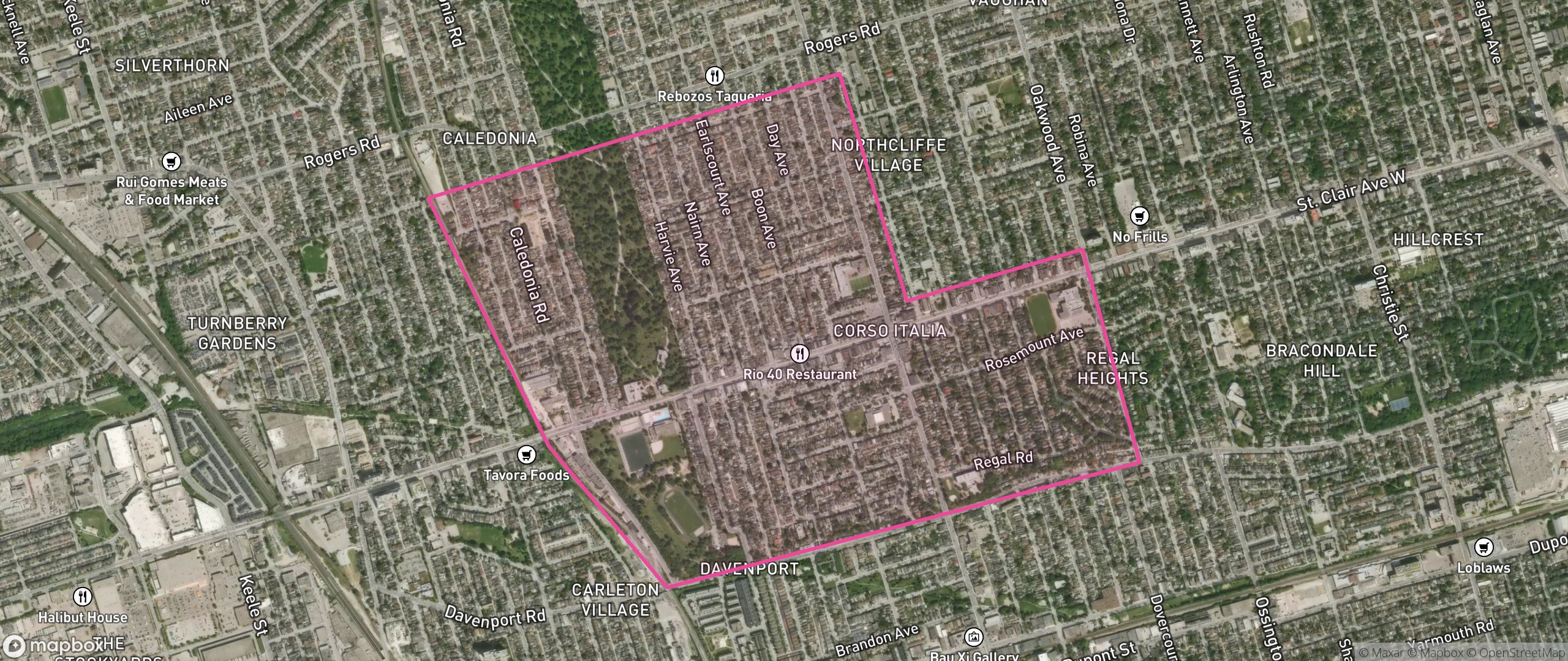 Map of Corso Italia-Davenport, Toronto showing the community boundary