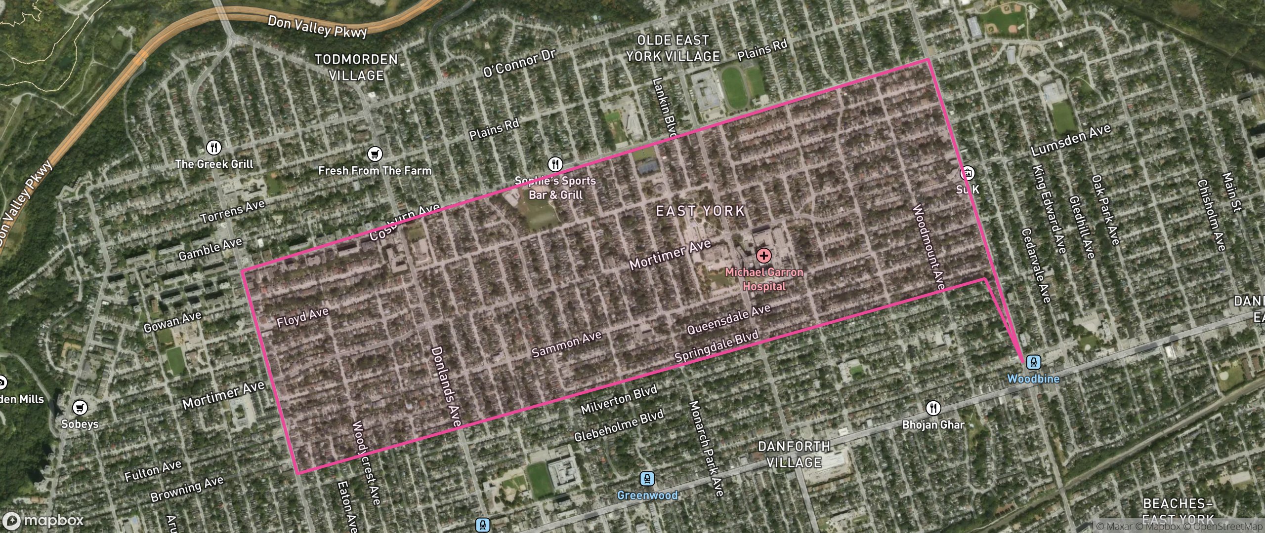 Map of Danforth East York, Toronto showing the community boundary