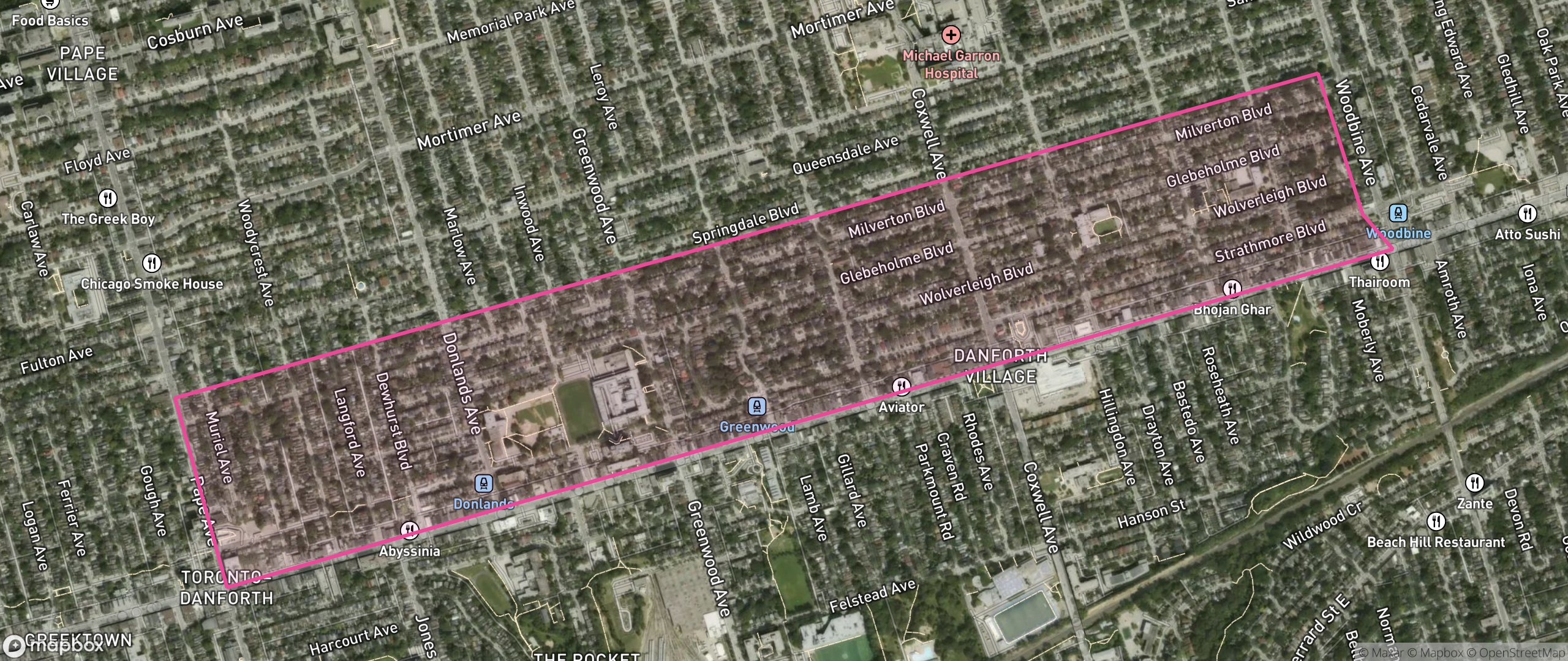 Map of Danforth, Toronto showing the community boundary