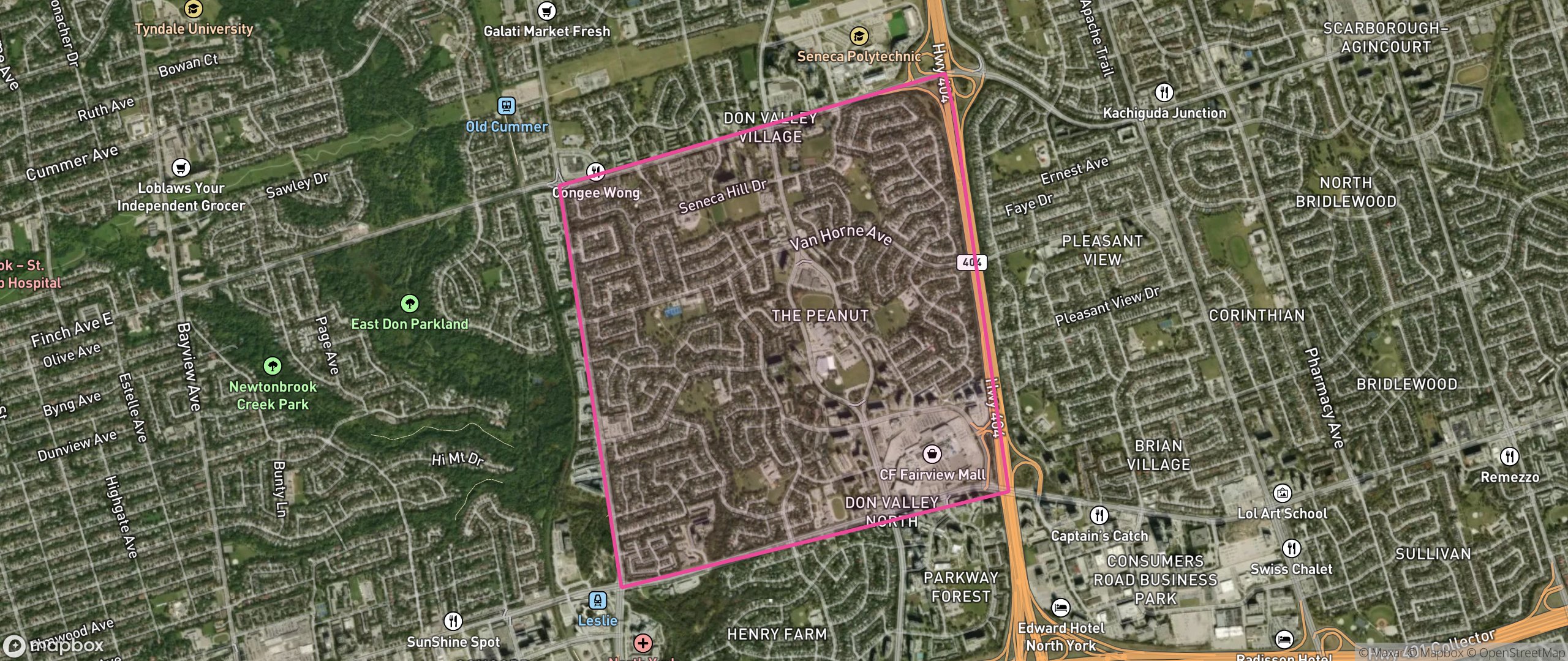 Map of Don Valley Village, Toronto showing the community boundary