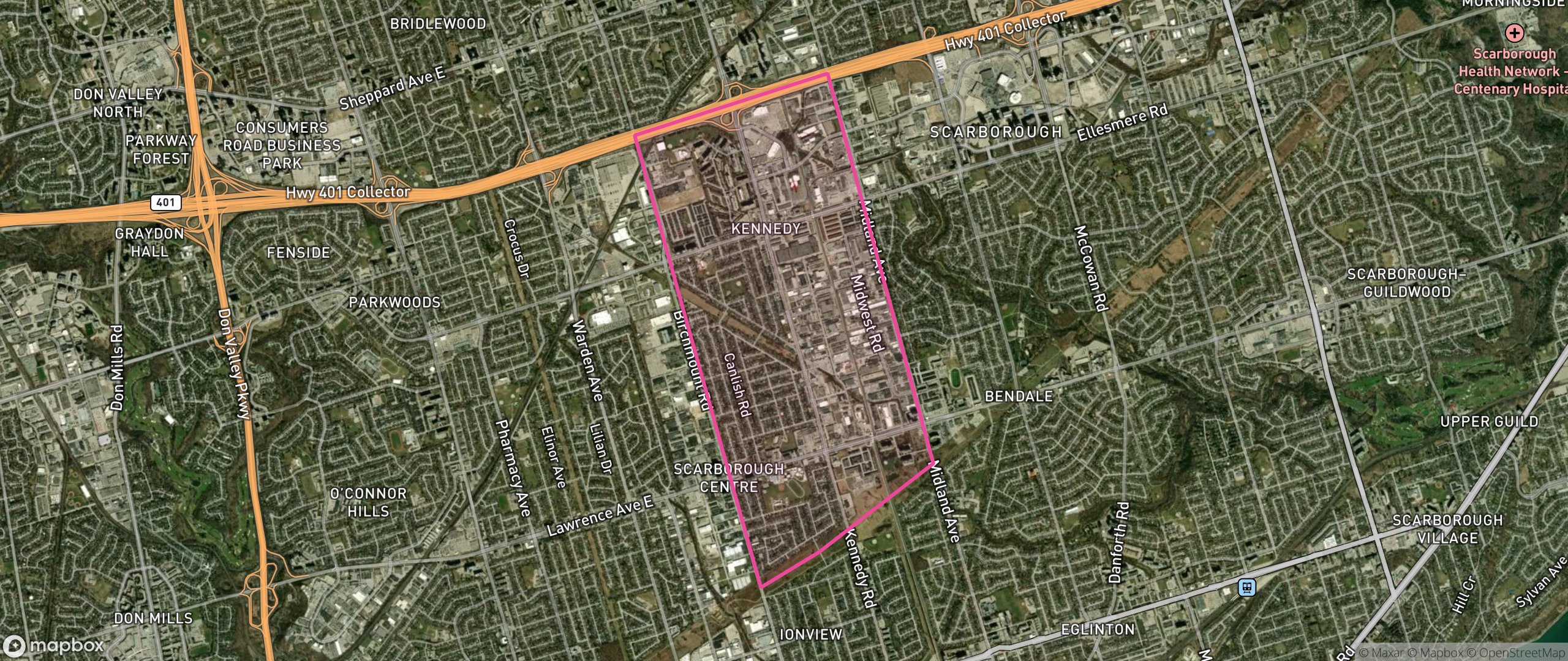 Map of Dorset Park, Toronto showing the community boundary