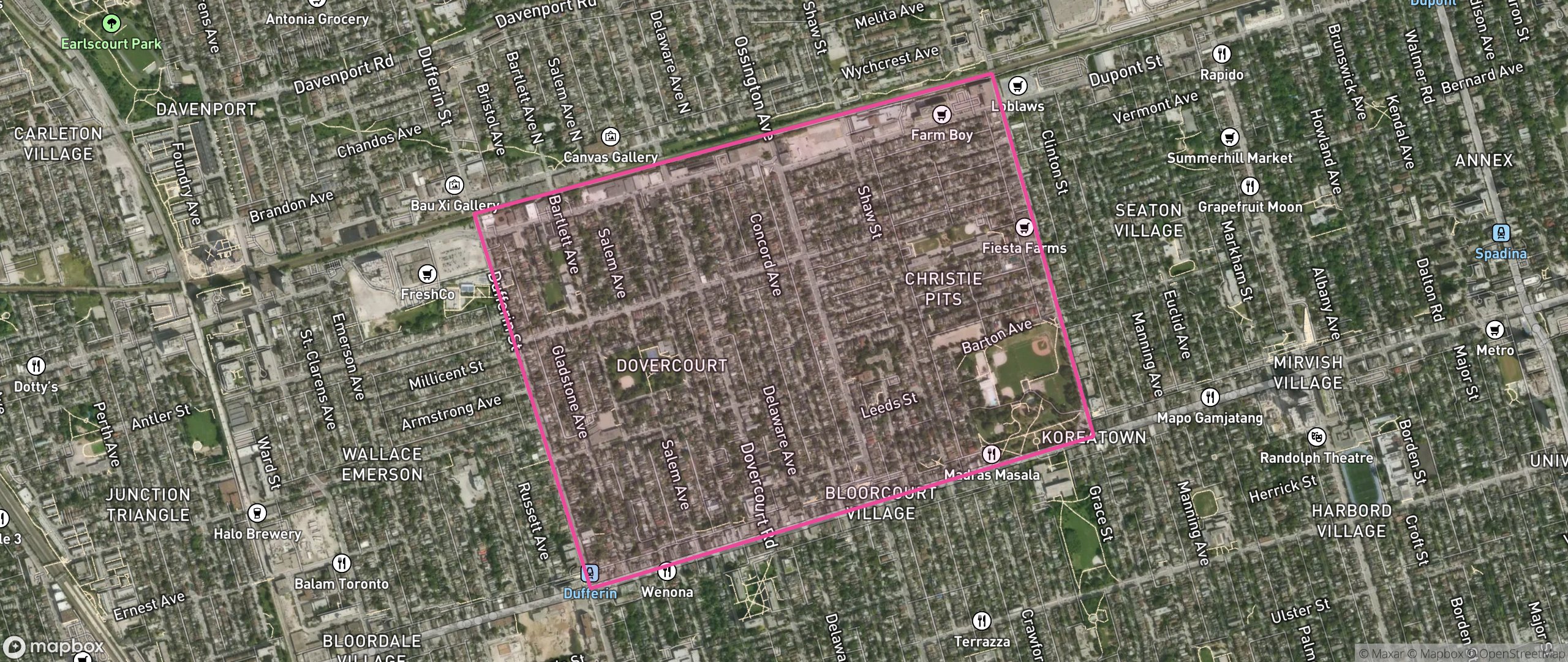 Map of Dovercourt Village, Toronto showing the community boundary