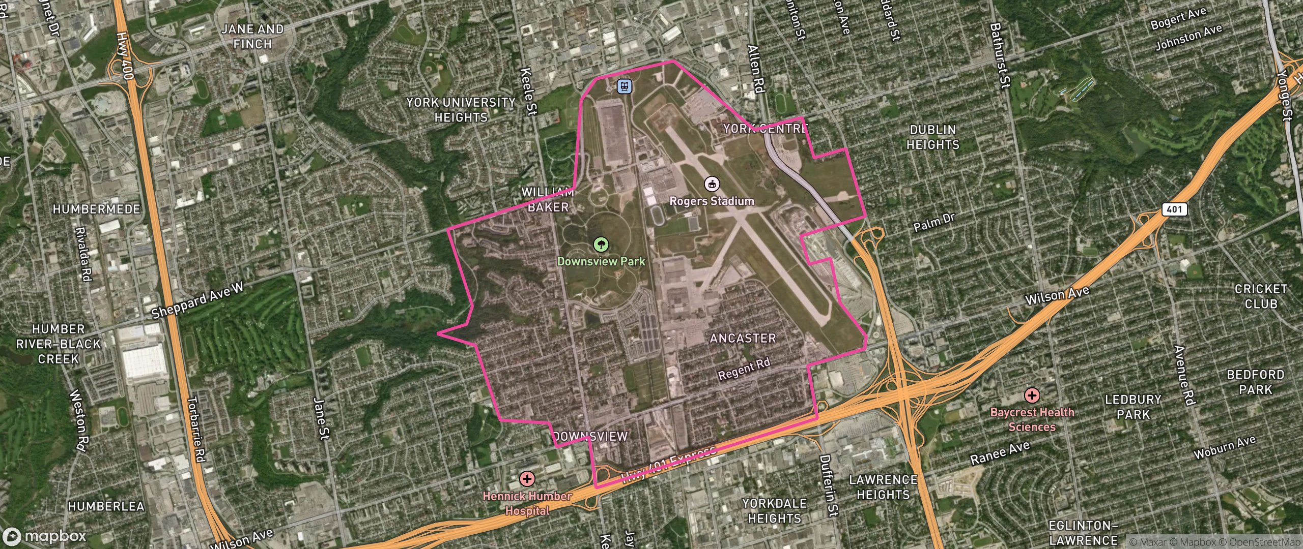 Map of Downsview, Toronto showing the community boundary