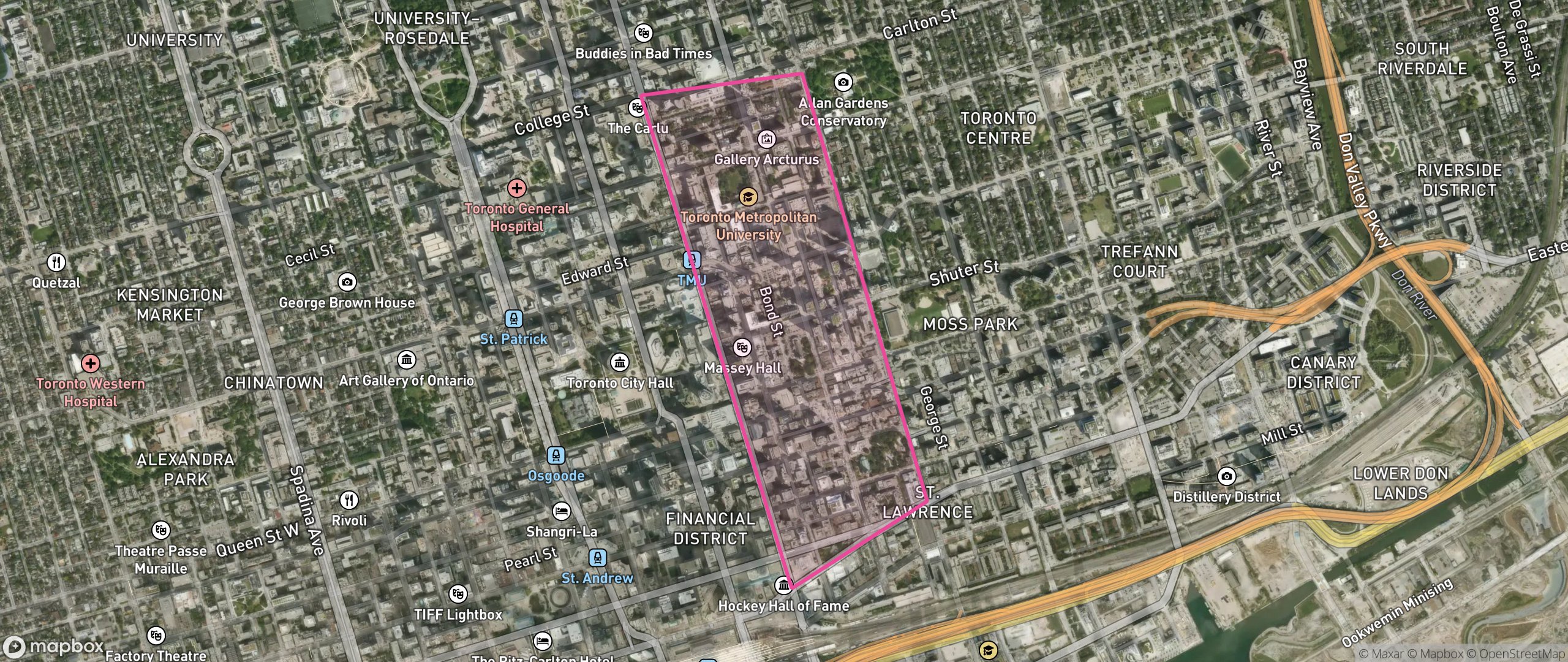 Map of Downtown Yonge East, Toronto showing the community boundary