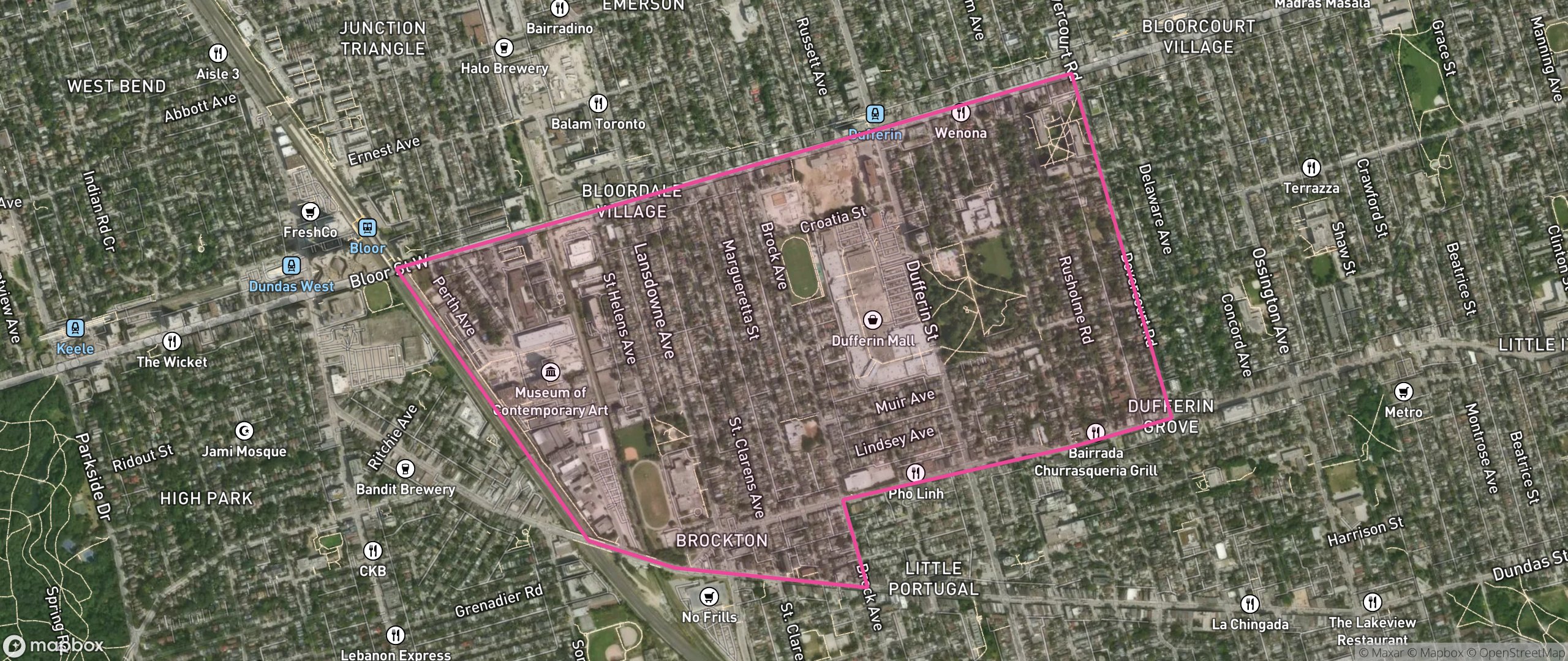 Map of Dufferin Grove, Toronto showing the community boundary