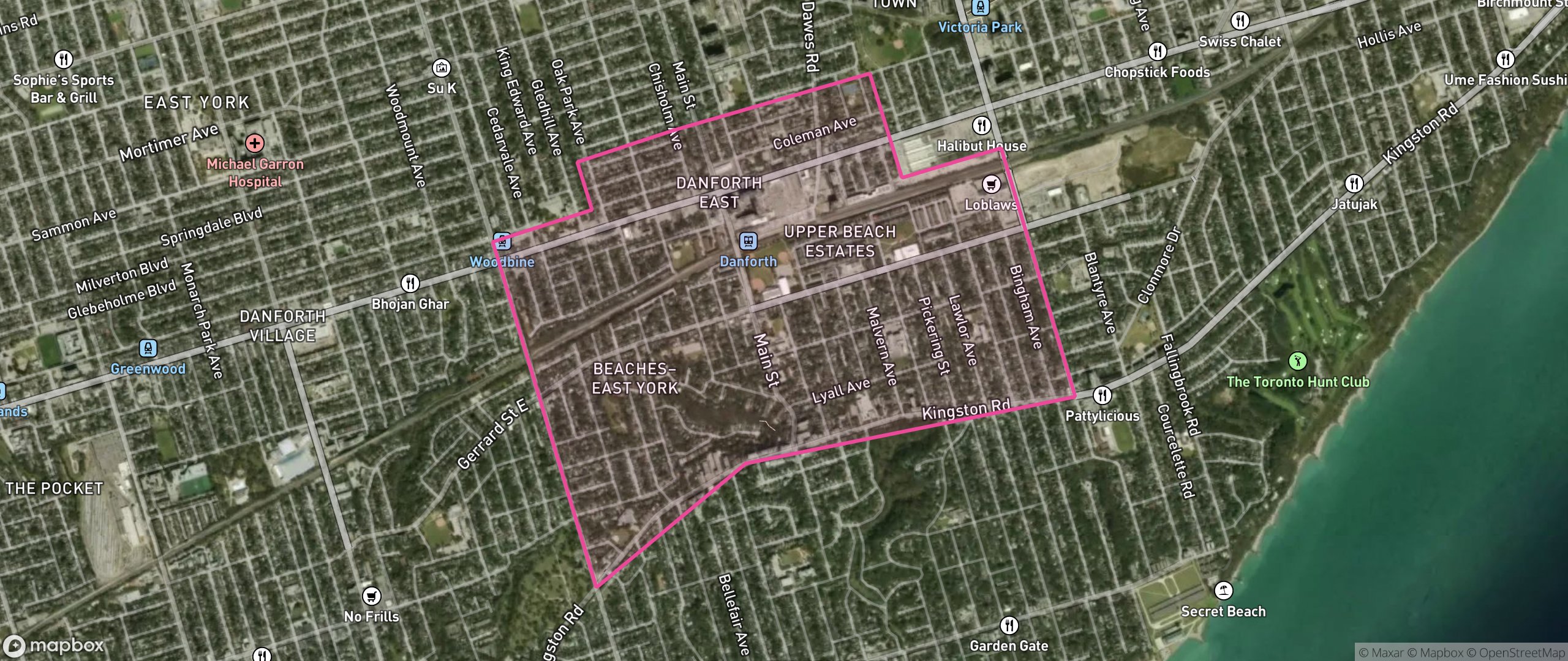 Map of East End-Danforth, Toronto showing the community boundary