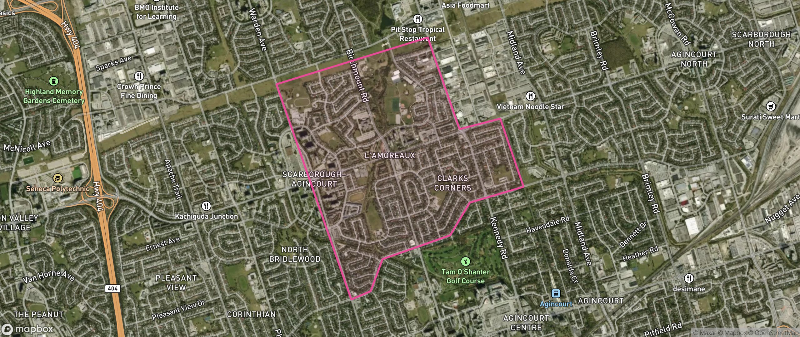 Map of East L'Amoreaux, Toronto showing the community boundary