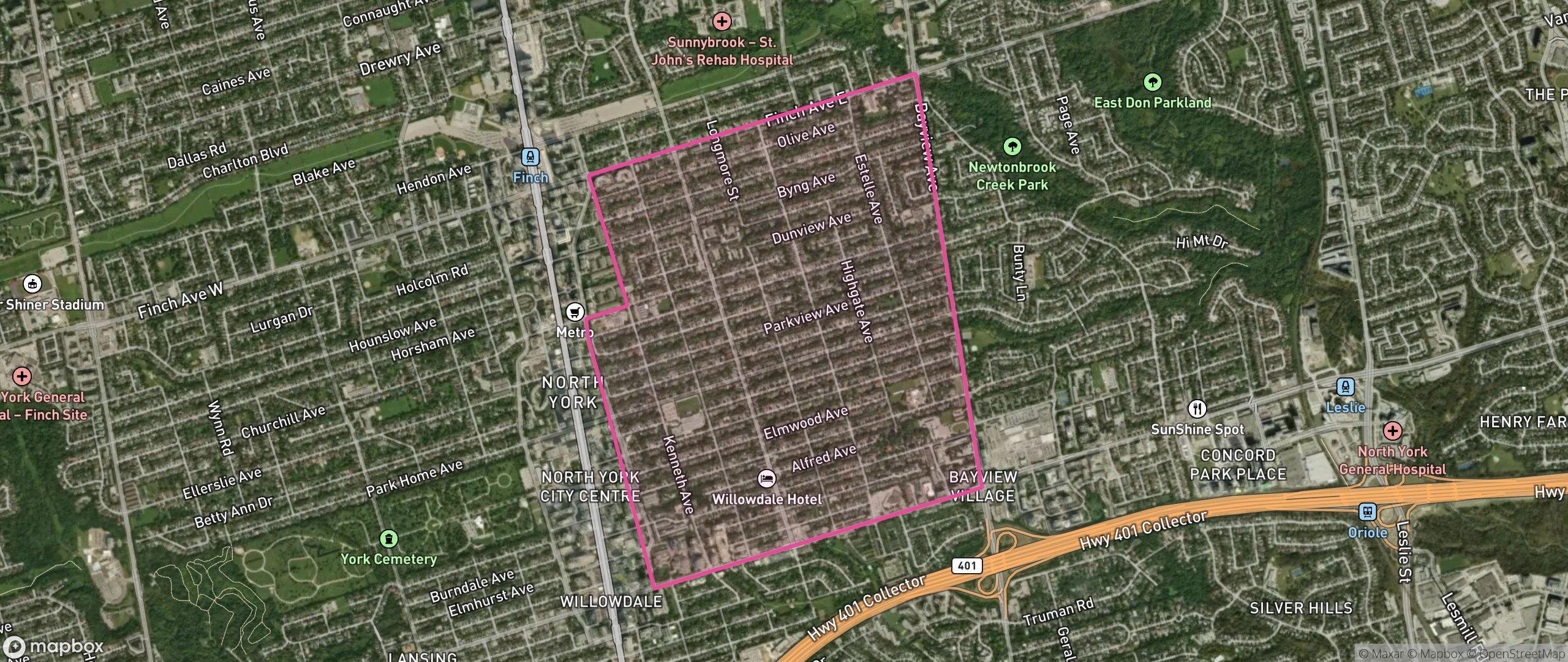 Map of East Willowdale, Toronto showing the community boundary