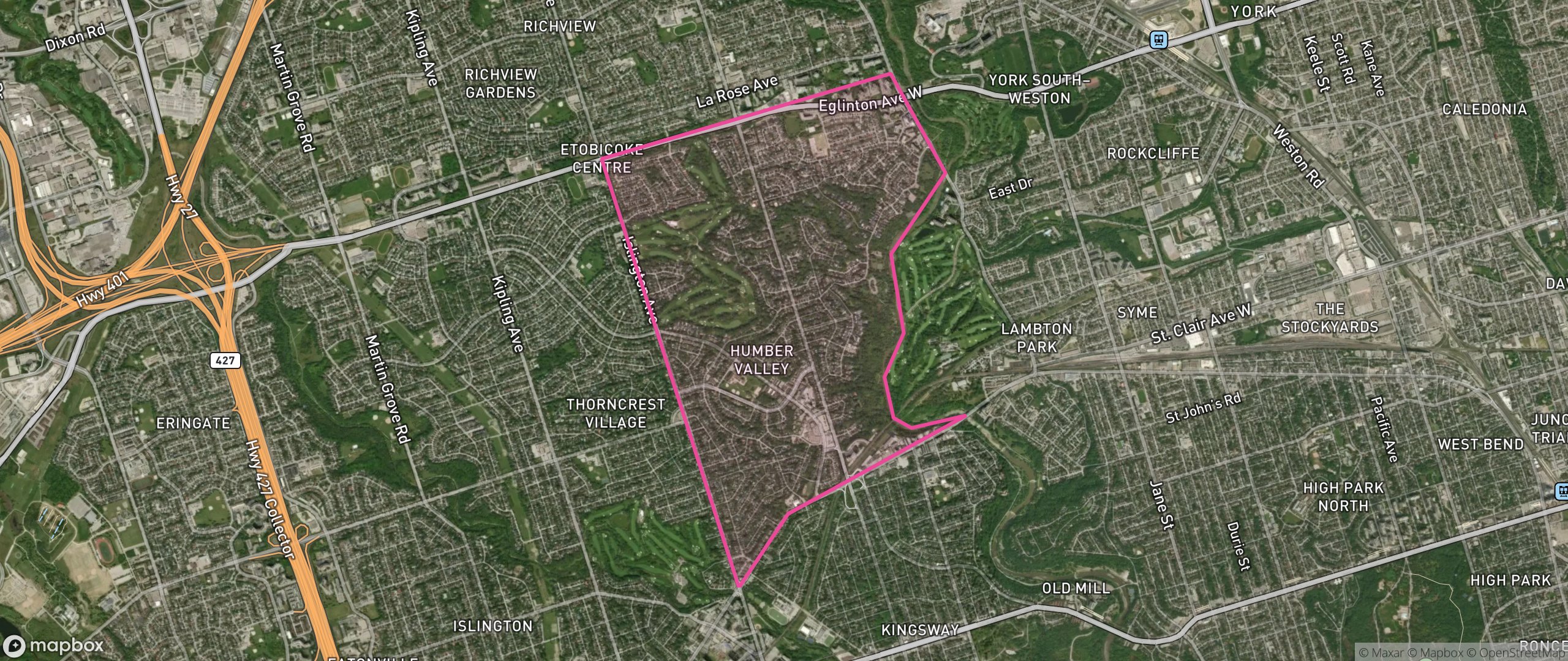 Map of Edenbridge-Humber Valley, Toronto showing the community boundary