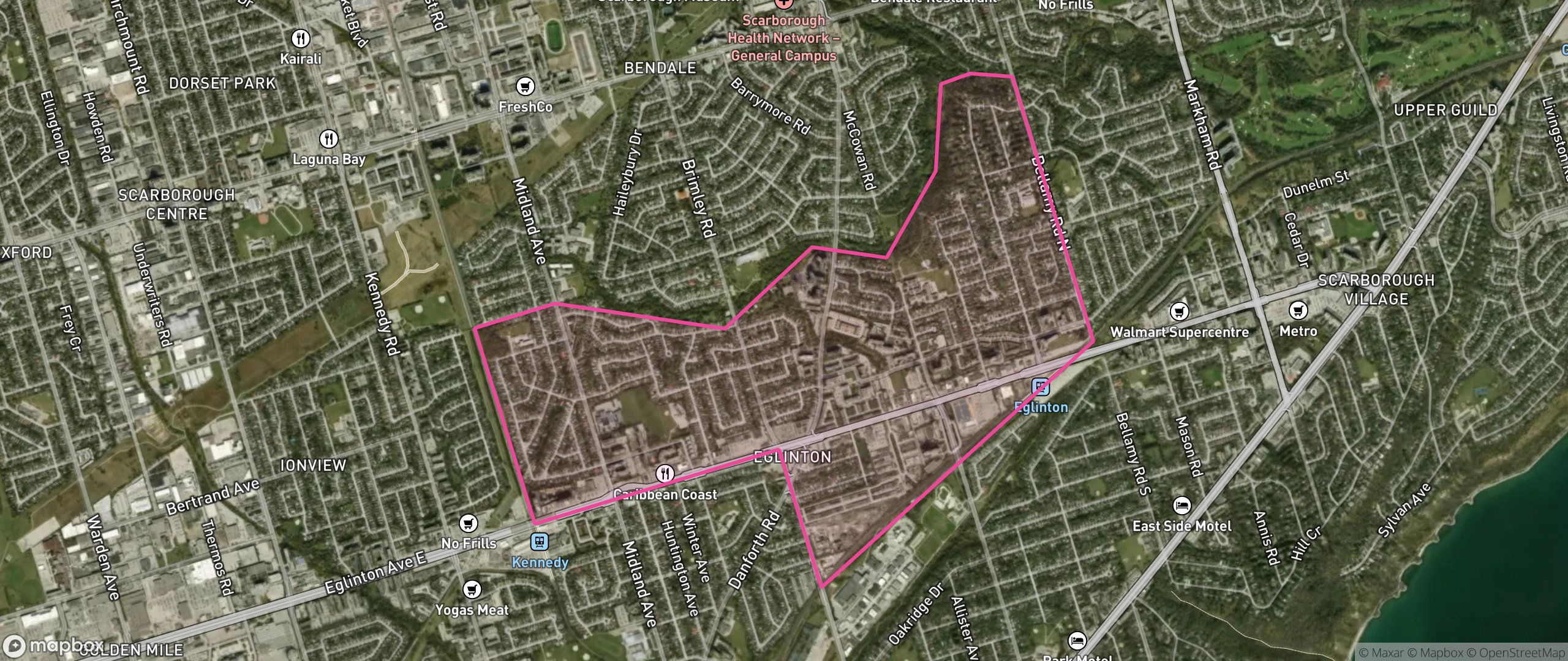 Map of Eglinton East, Toronto showing the community boundary