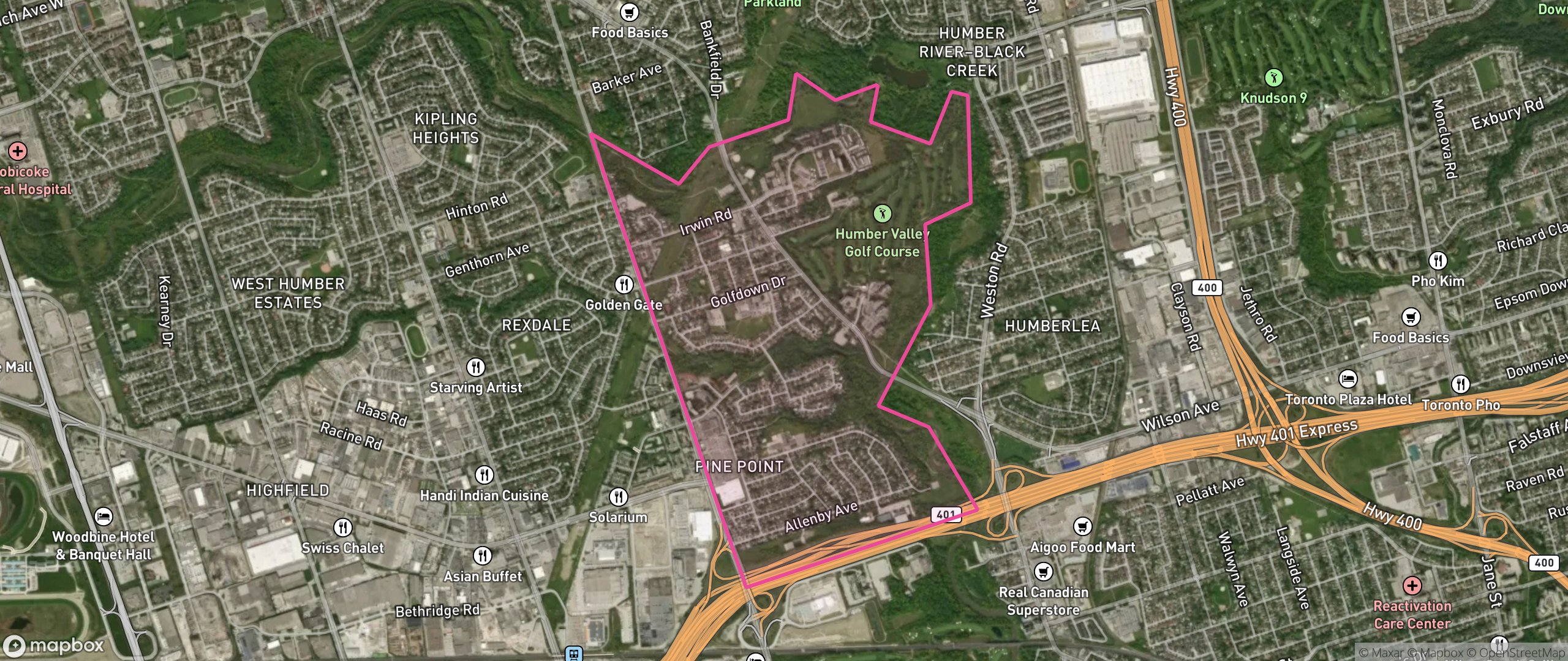 Map of Elms-Old Rexdale, Toronto showing the community boundary