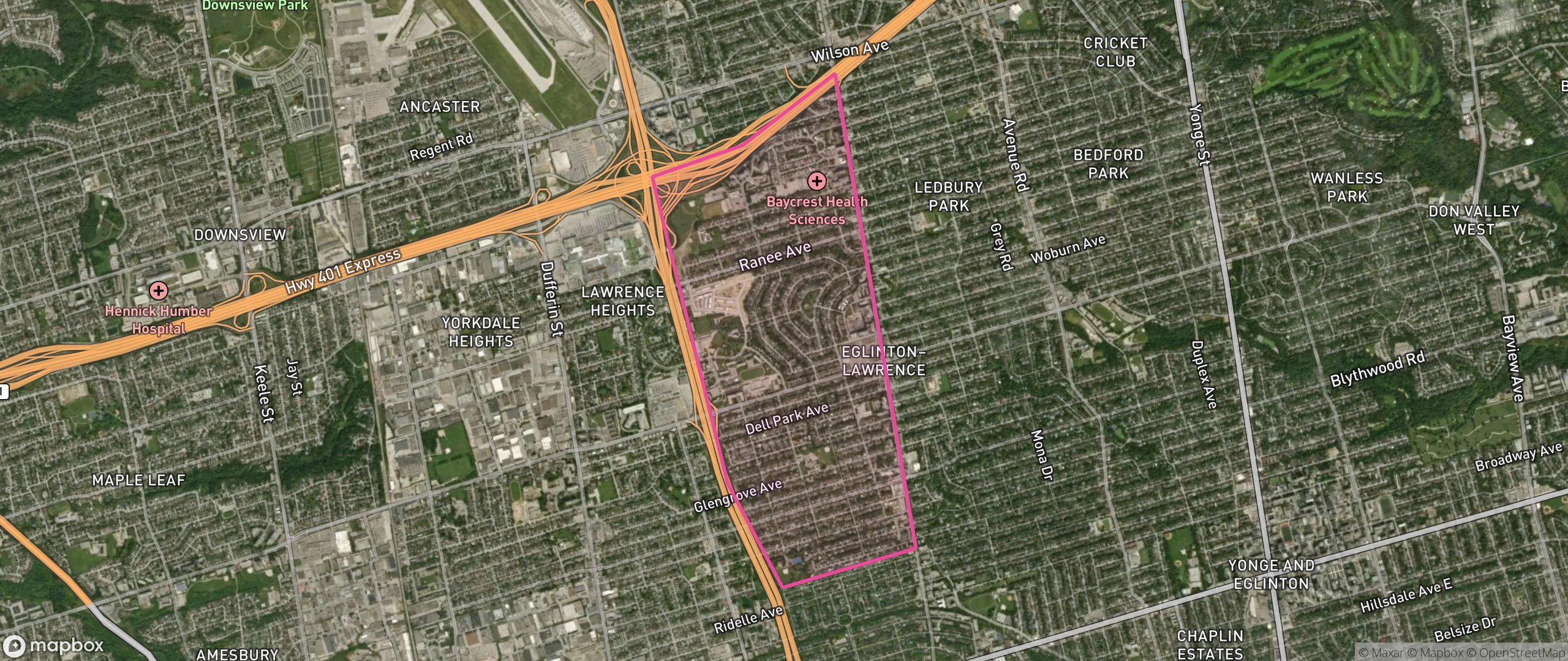Map of Englemount-Lawrence, Toronto showing the community boundary
