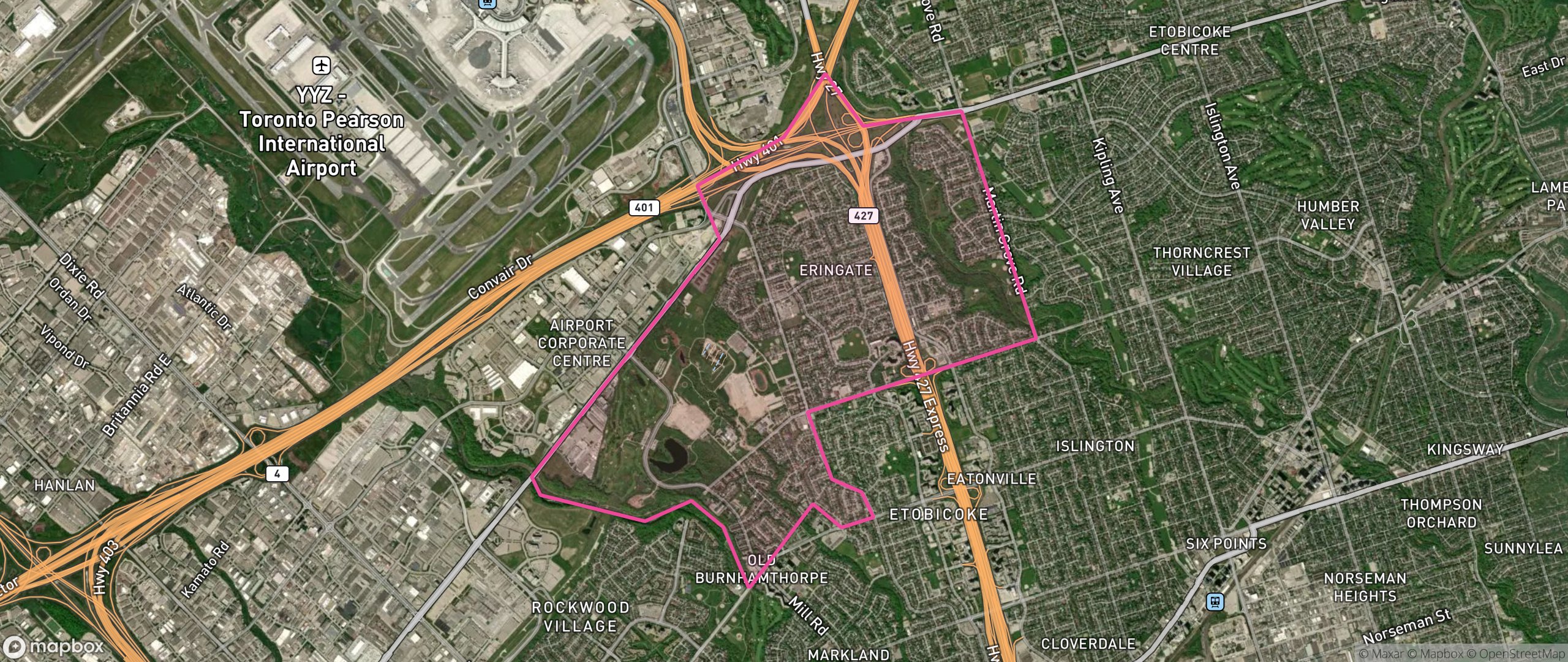 Map of Eringate-Centennial-West Deane, Toronto showing the community boundary