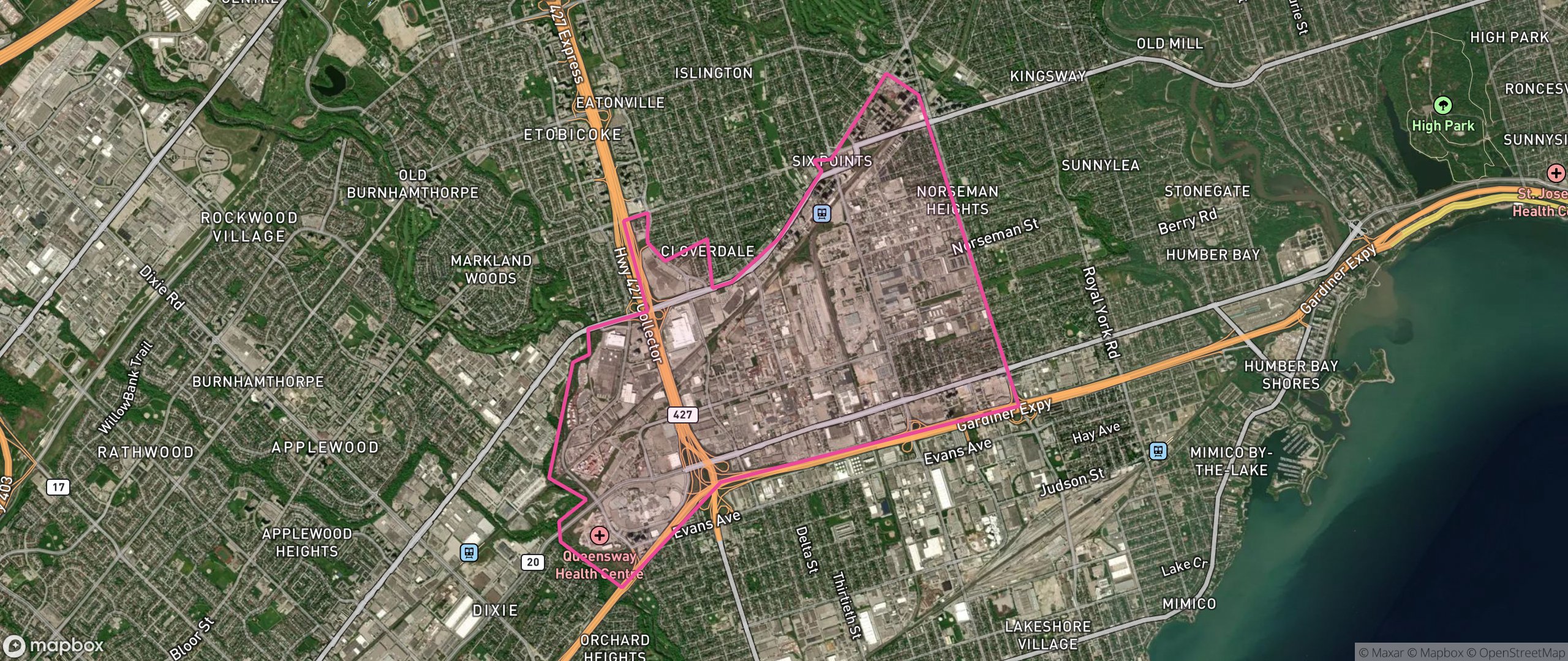 Map of Etobicoke City Centre, Toronto showing the community boundary