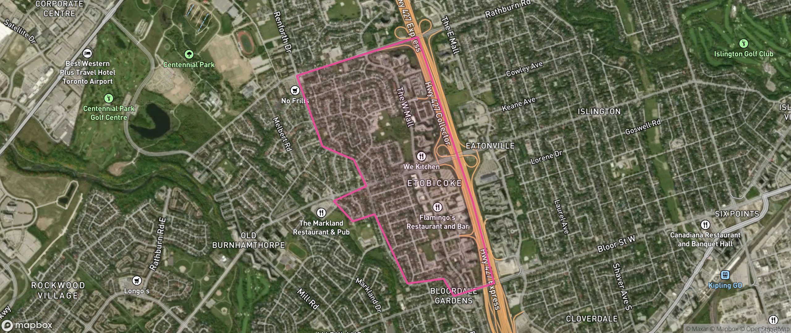 Map of Etobicoke West Mall, Toronto showing the community boundary