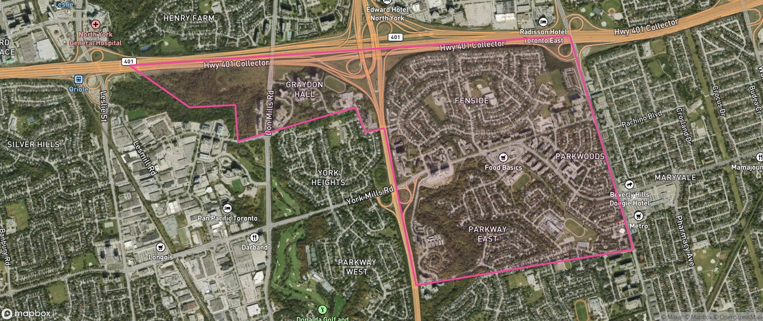 Map of Fenside-Parkwoods, Toronto showing the community boundary