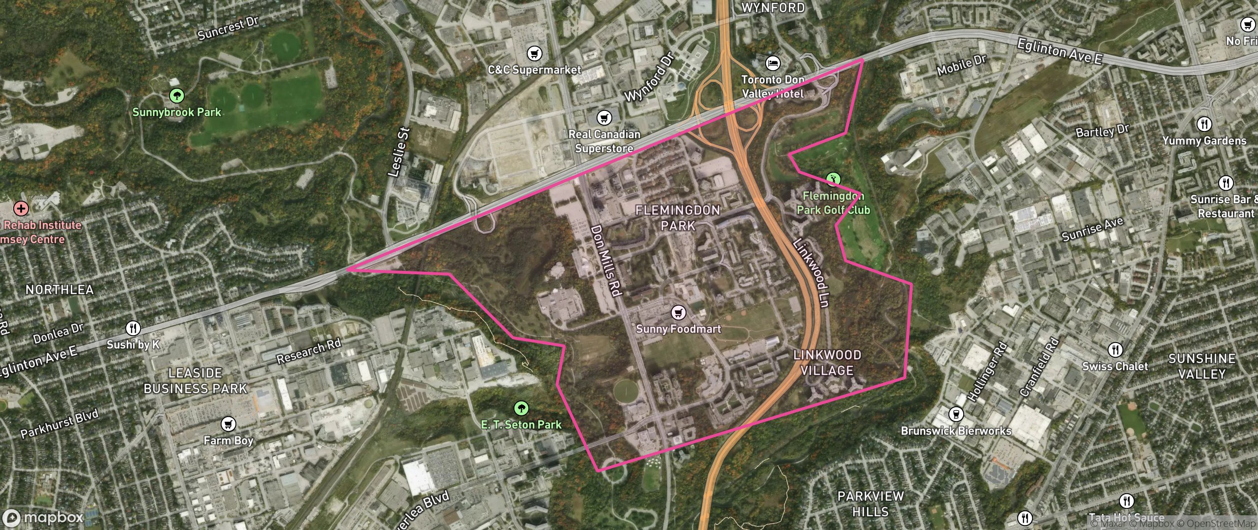 Map of Flemingdon Park, Toronto showing the community boundary