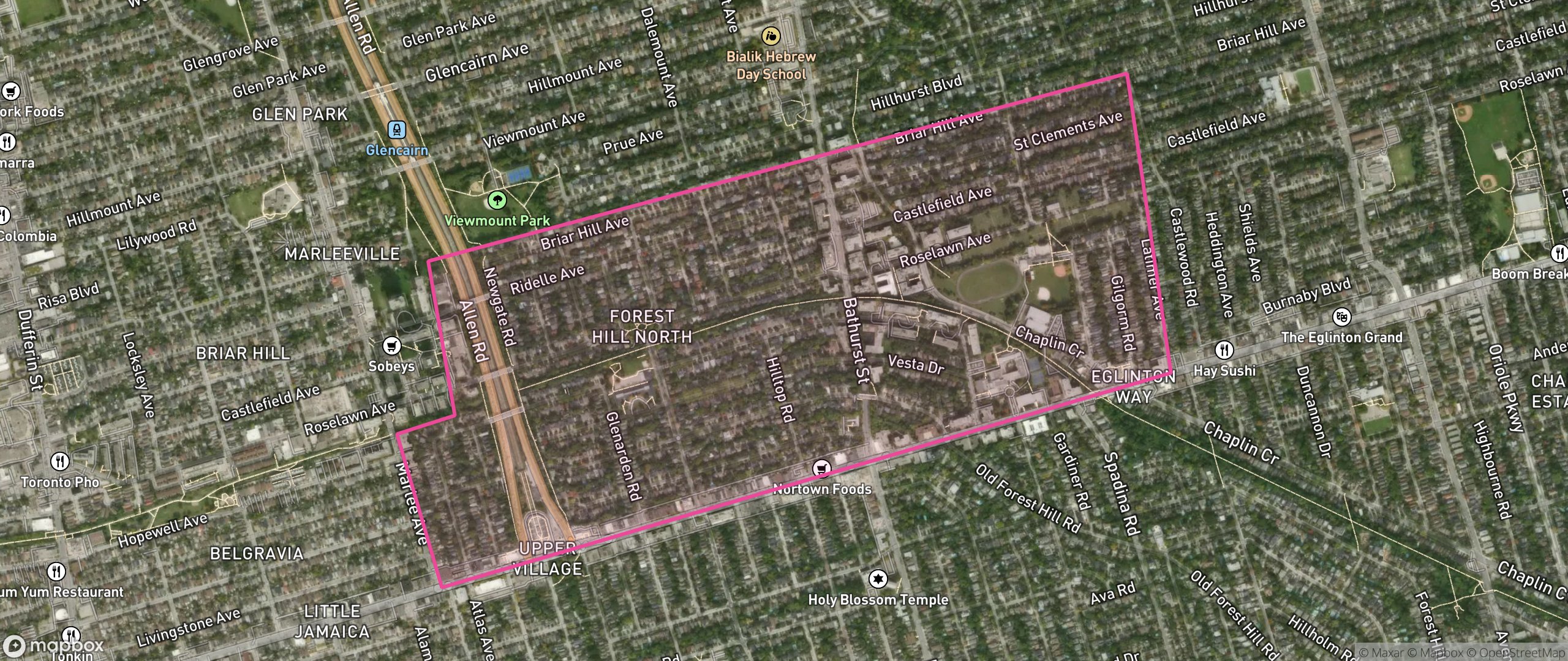 Map of Forest Hill North, Toronto showing the community boundary