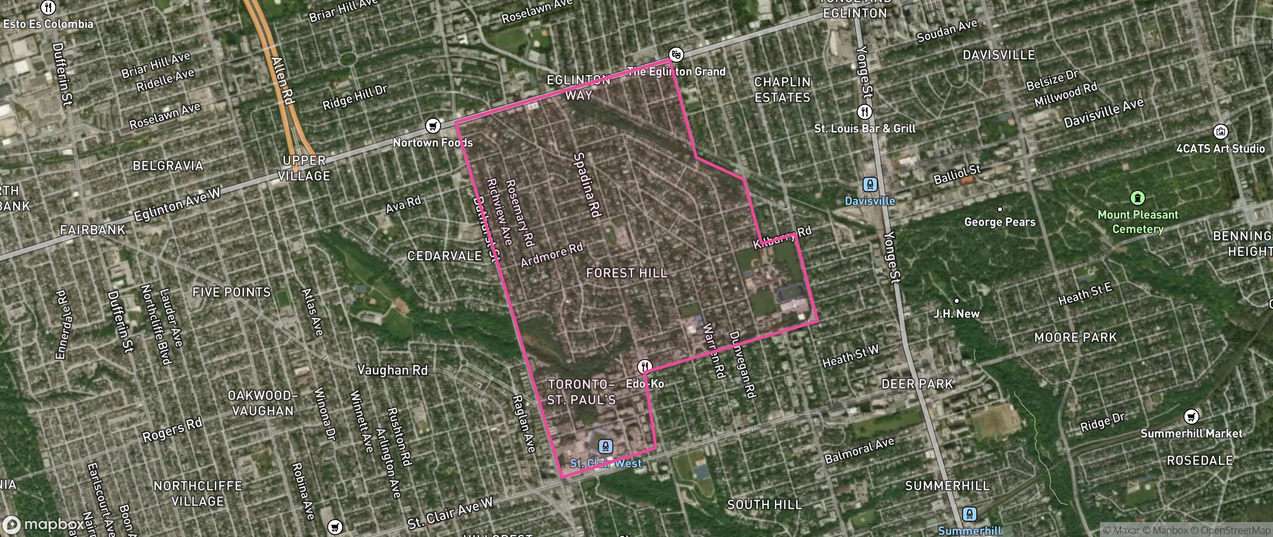 Map of Forest Hill South, Toronto showing the community boundary