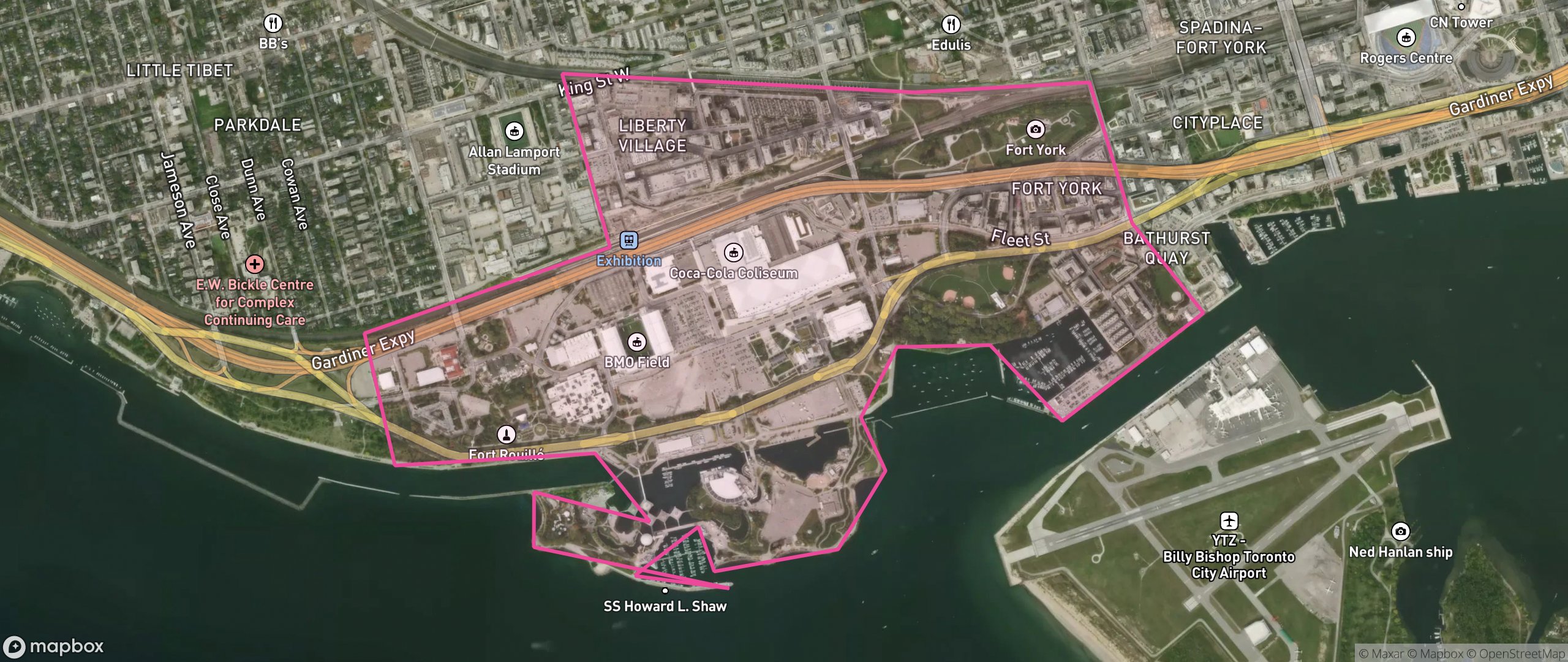 Map of Fort York-Liberty Village, Toronto showing the community boundary