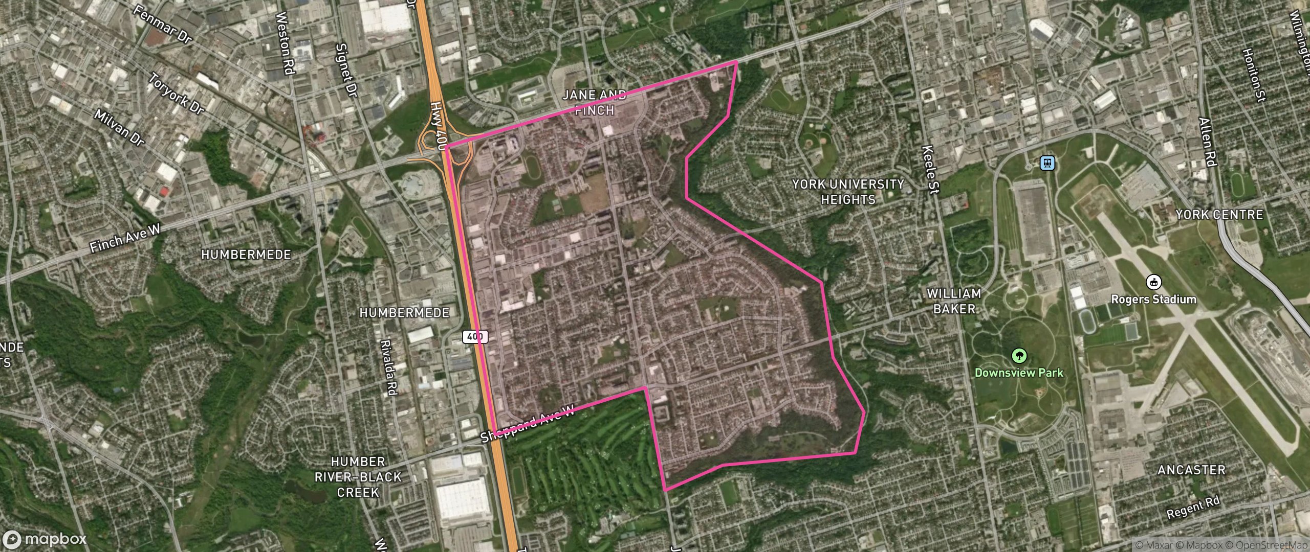 Map of Glenfield-Jane Heights, Toronto showing the community boundary