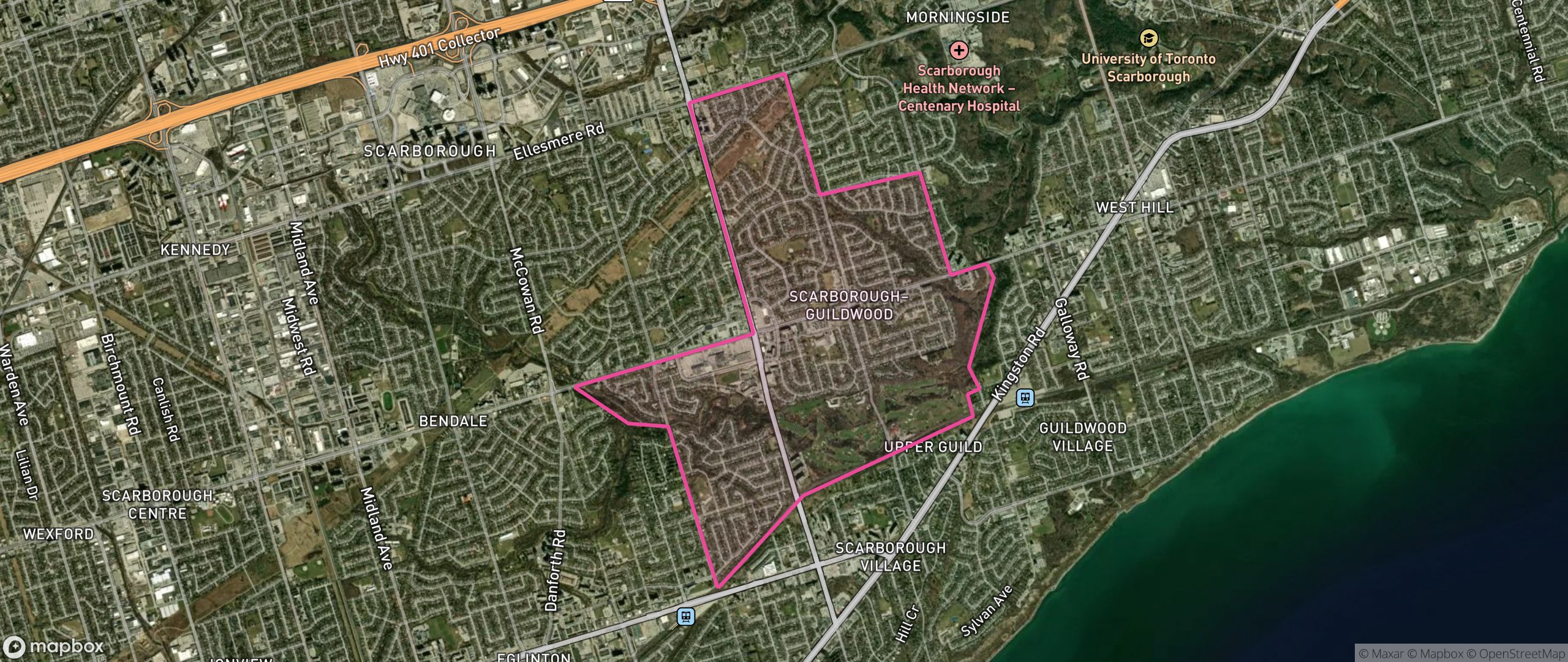 Map of Golfdale-Cedarbrae-Woburn, Toronto showing the community boundary