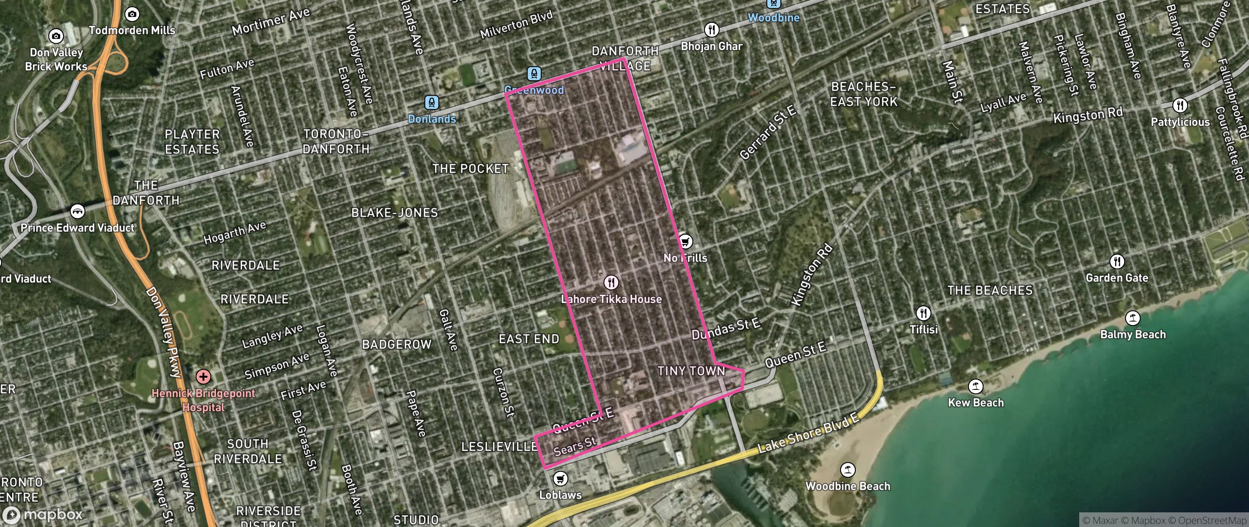 Map of Greenwood-Coxwell, Toronto showing the community boundary