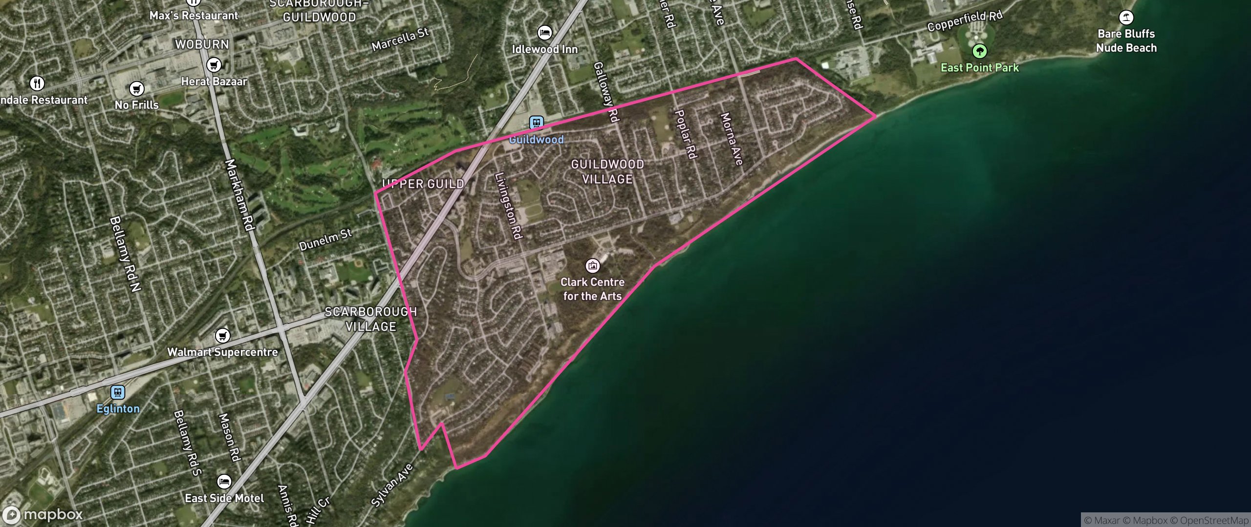 Map of Guildwood, Toronto showing the community boundary