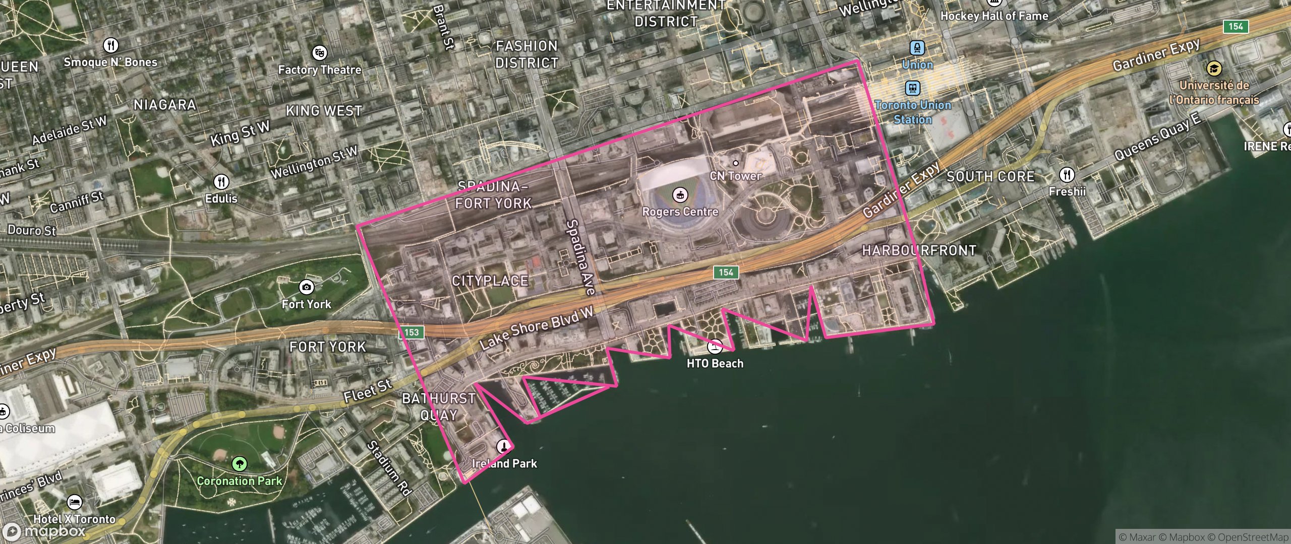 Map of Harbourfront-CityPlace, Toronto showing the community boundary